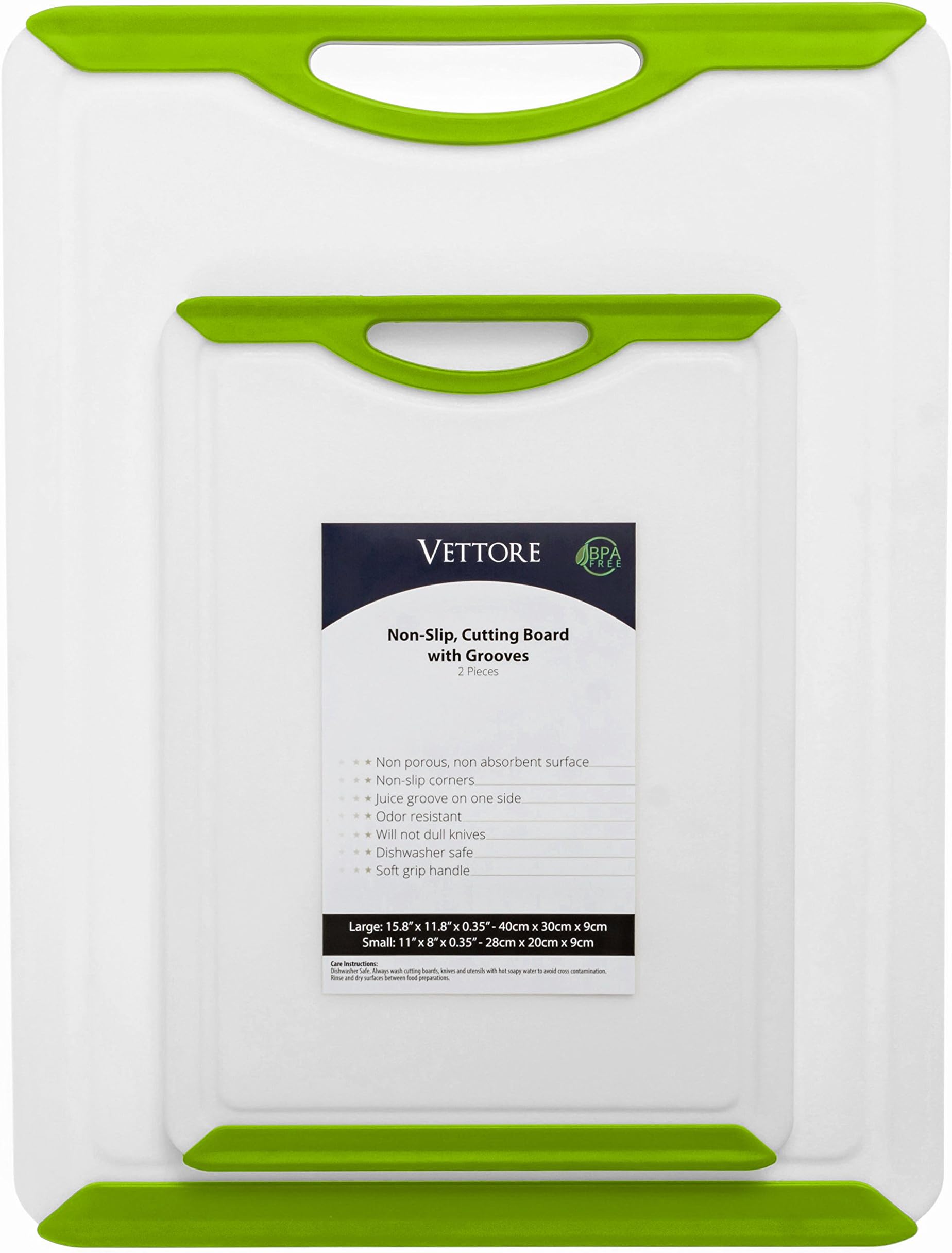 Vettore Non Slip Poly Cutting Board Set With Juice Groove Dishwasher Safe BPA Free Plastic With Rubber Feet (Set of 2, Green)