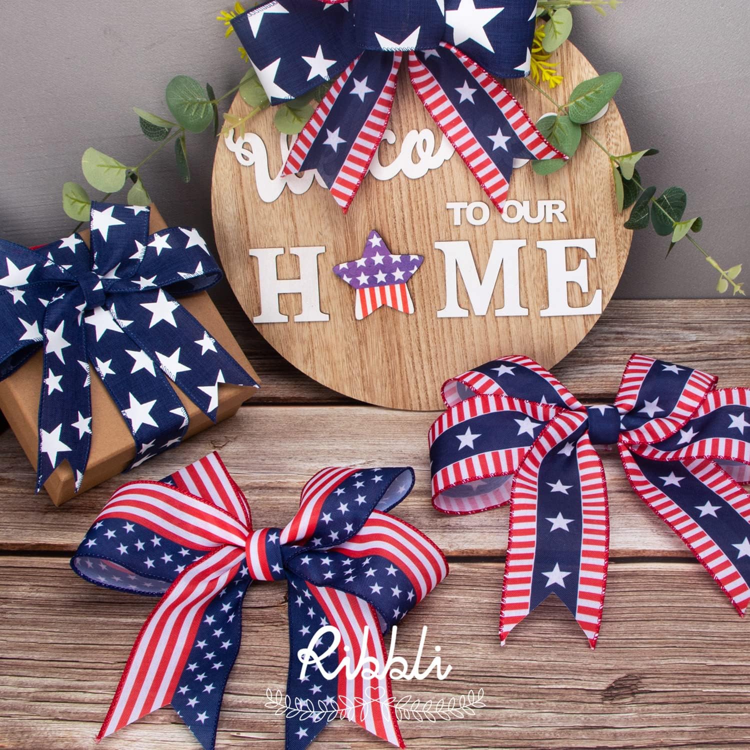 Ribbli Patriotic Wired Ribbon,6 Rolls Stars and Stripes/Navy and Red Star/Glitter Star Burlap Ribbon,2-1/2 Inch Total 90 Feets(30 Yards) Patriotic Ribbon for Crafts,Wreath,4th of July Ribbon