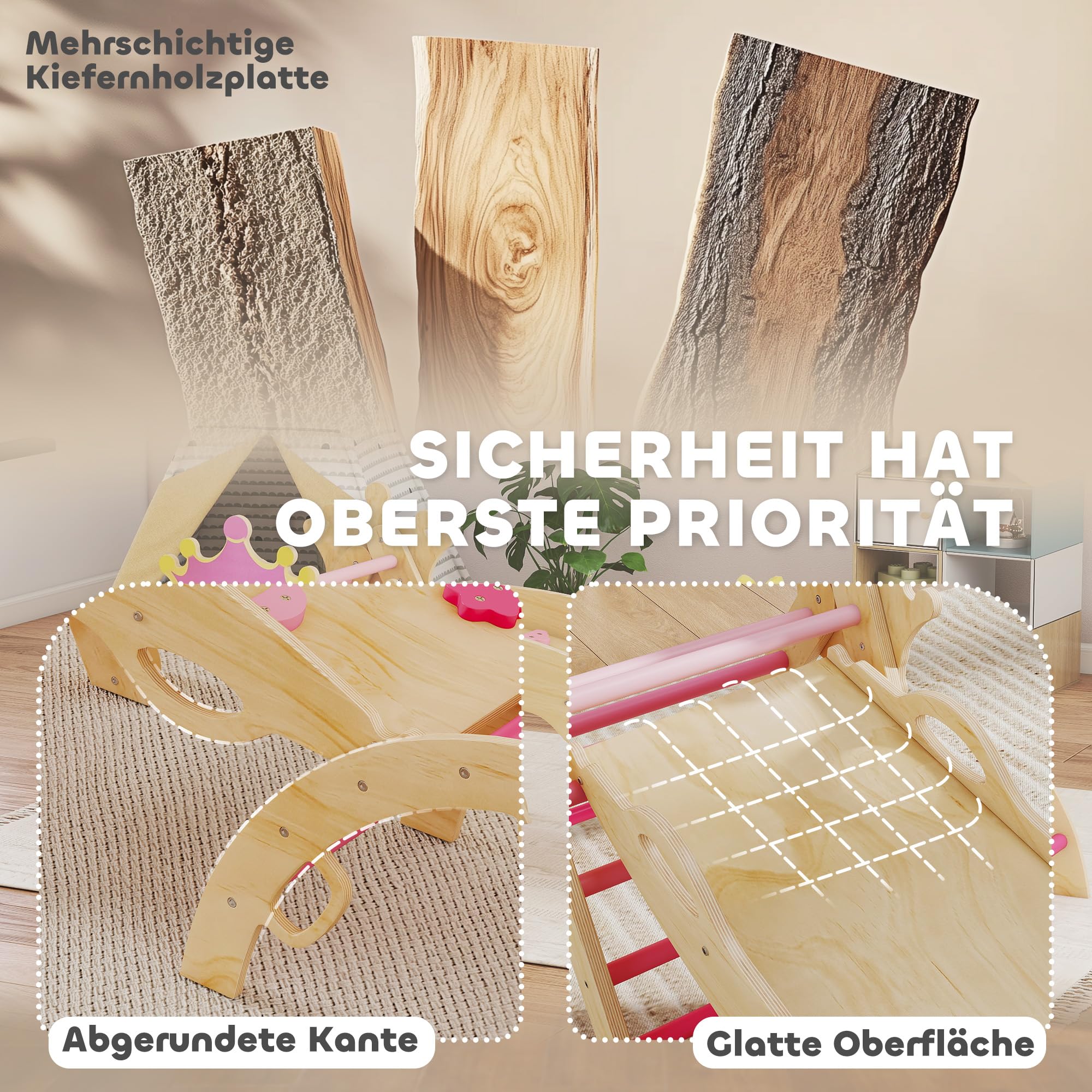 AIYAPLAY 8-in-1 Montessori Klettergerüst Indoor Holz Kletterdreieck mit Kletterbogen, Rutsche, Kronenmotiv, Indoor Spielplatz mit Rampe, Schaukelbogen, für Kinder von 1,5-4 Jahre, Rosa