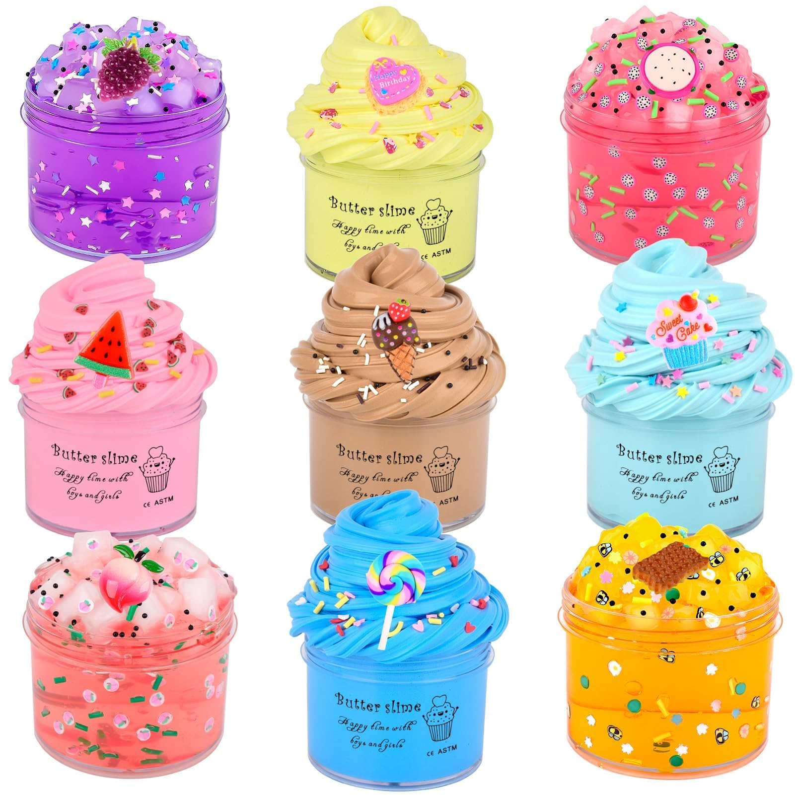 Slime Kit 9 Pack, with 5 Butter 4 Crystal, Peach Cake Cady Slime Charms, DIY Slime for Girls and Boys, Stress Relief Toy for Kids Education, Party Favor, Gift and Birthday