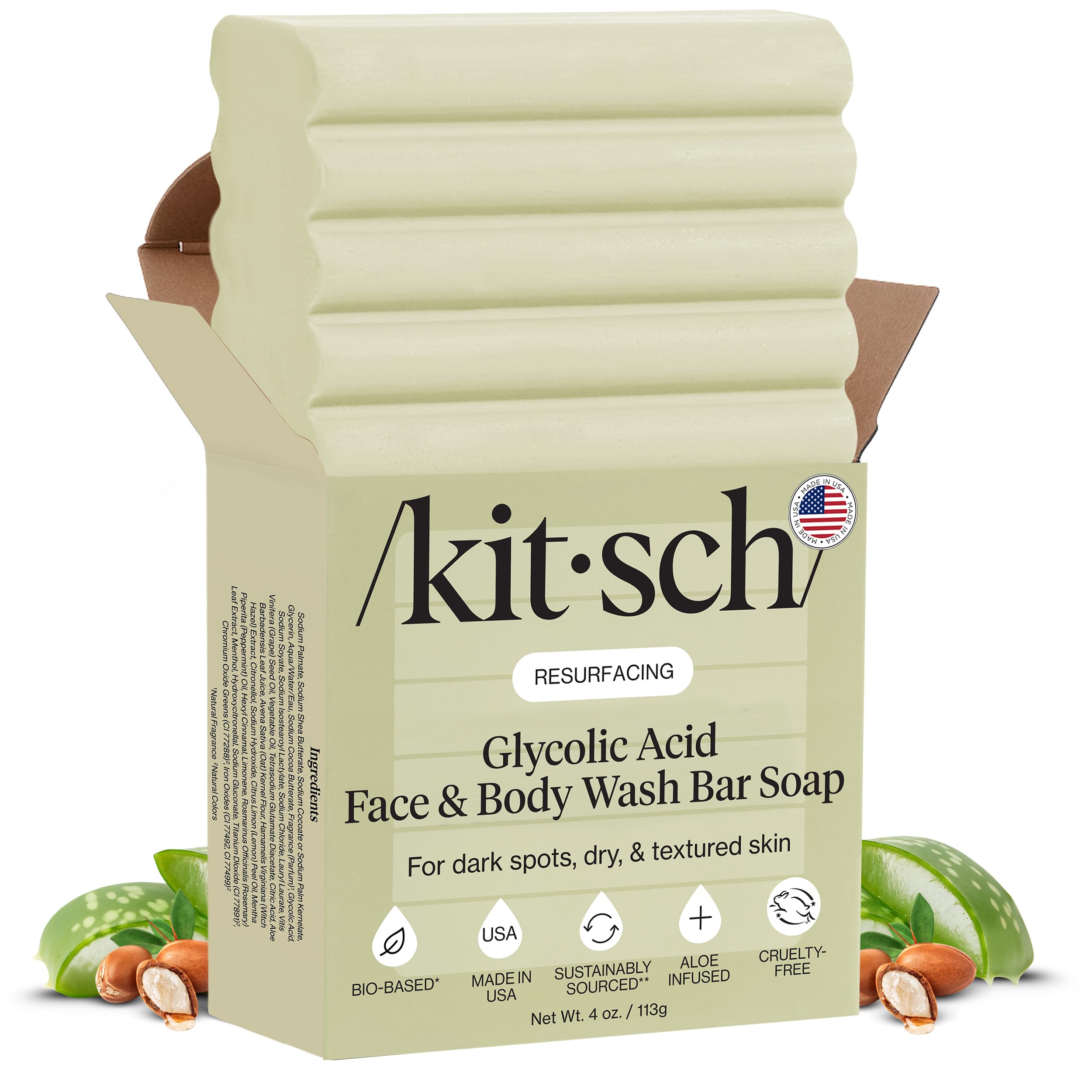 Kitsch Glycolic Acid Face & Body Wash Bar – Resurfacing Bar Soap with Shea Butter for Smoother, Brighter Skin – Gentle Soap & Body Wash Women & Men Love – Cucumber & Eucalyptus Scent Bath Soap - 4 oz