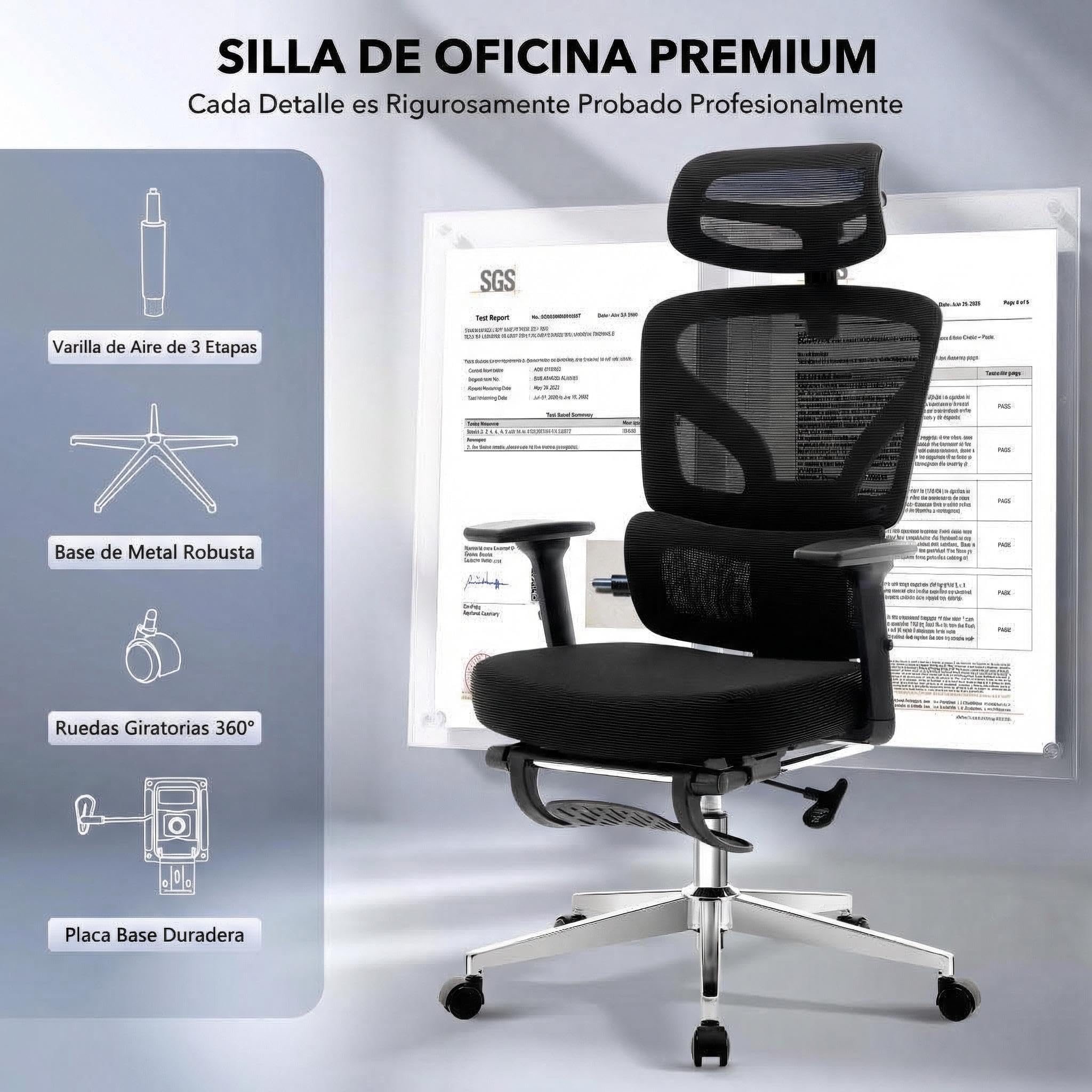 Garvee Silla Escritorio Ergonómica con Base Metálica Sin Color | Con Soporte Lumbar Ajustables,Reposacabezas y Apoyabrazos,Malla Giratoria,Reclinable y Móvil,Carga máx. 136 kg,Con reposapié