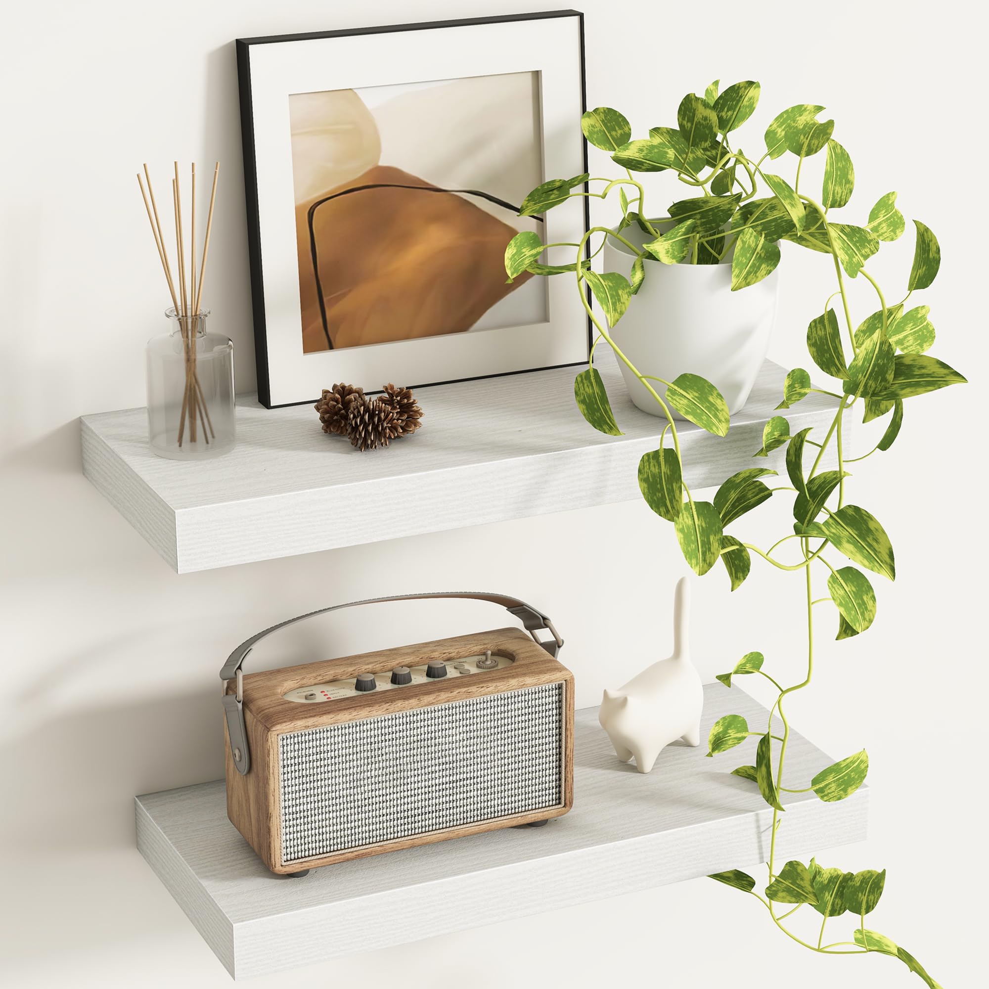 Fun Memories Deep Floating Shelves - 16" W x 9" D x 1.6" H Rustic White Wall Shelf - Wall Mounted Shelves for Storage - Wooden Shelves with Invisible Brackets for Living Room, Farmhouse - Set of 2