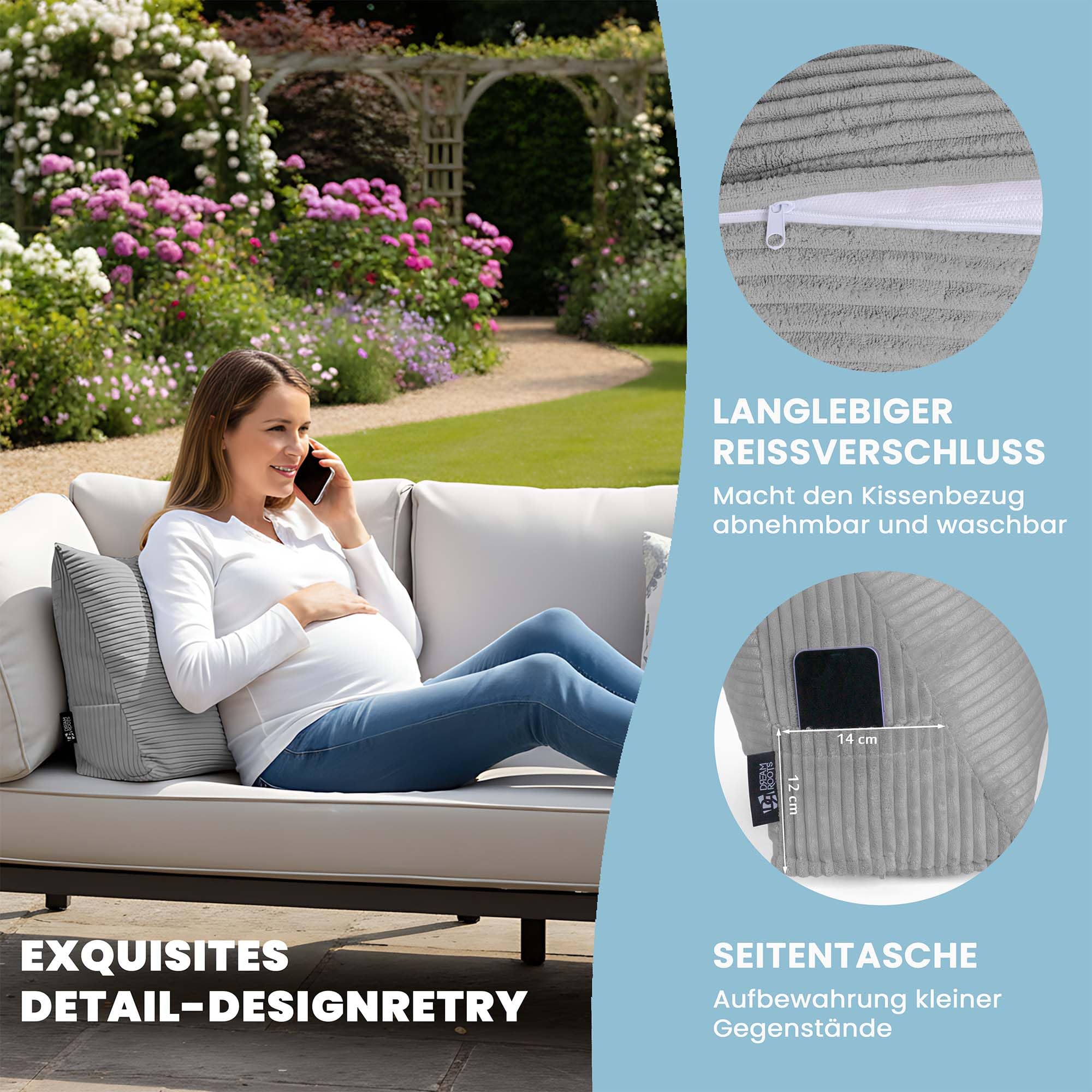 DreamRoots Rückenkissen Keilkissen Bett - Verstellbares Lesekissen & Wandkissen, 70×40×20 cm Cord-Bezug 380 g/m², abnehmbar & waschbar, Seitentasche - Sofa Rückenkissen Dunkelgrau