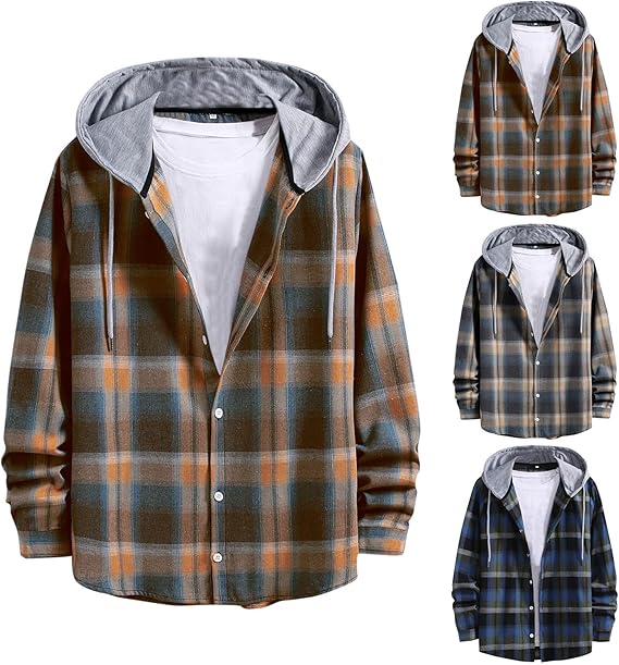 Amazon Co Jp Zldhxyf 長袖メンズチェッカーシャツスリムフィットプリントフード付きシャツ メンズ長袖シャツtシャツポロシャツ 3b 服 ファッション小物