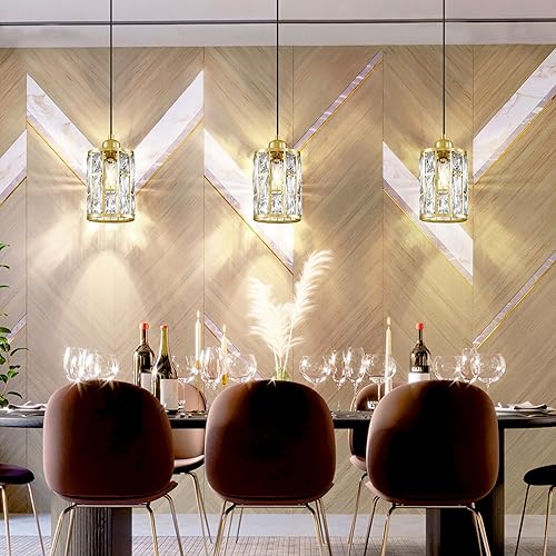 Miniatura 4 de Paquete de 3 colgantes de isla de cocina con pantalla de cristal de 5.4 pulgadas, acabado dorado claro, moderno con pantalla de metal de cristal