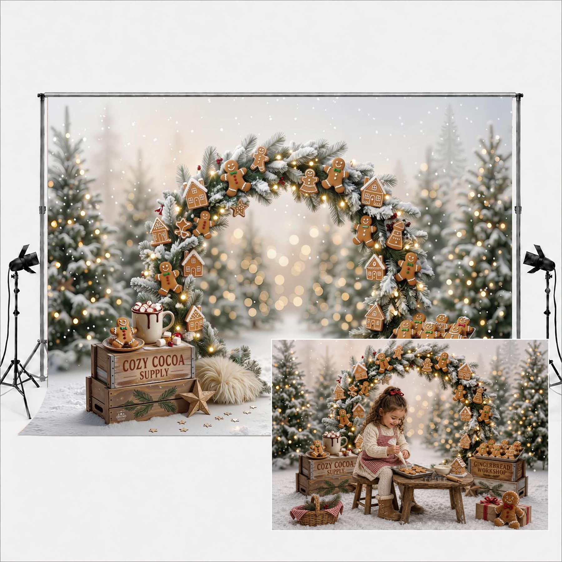 Sfondo fotografico natalizio Kate 2x2m/6.5x6.5piedi con arco di pan di zenzero natalizio cacao e alberi innevati ideale per compleanni di bambini e ritratti di famiglia