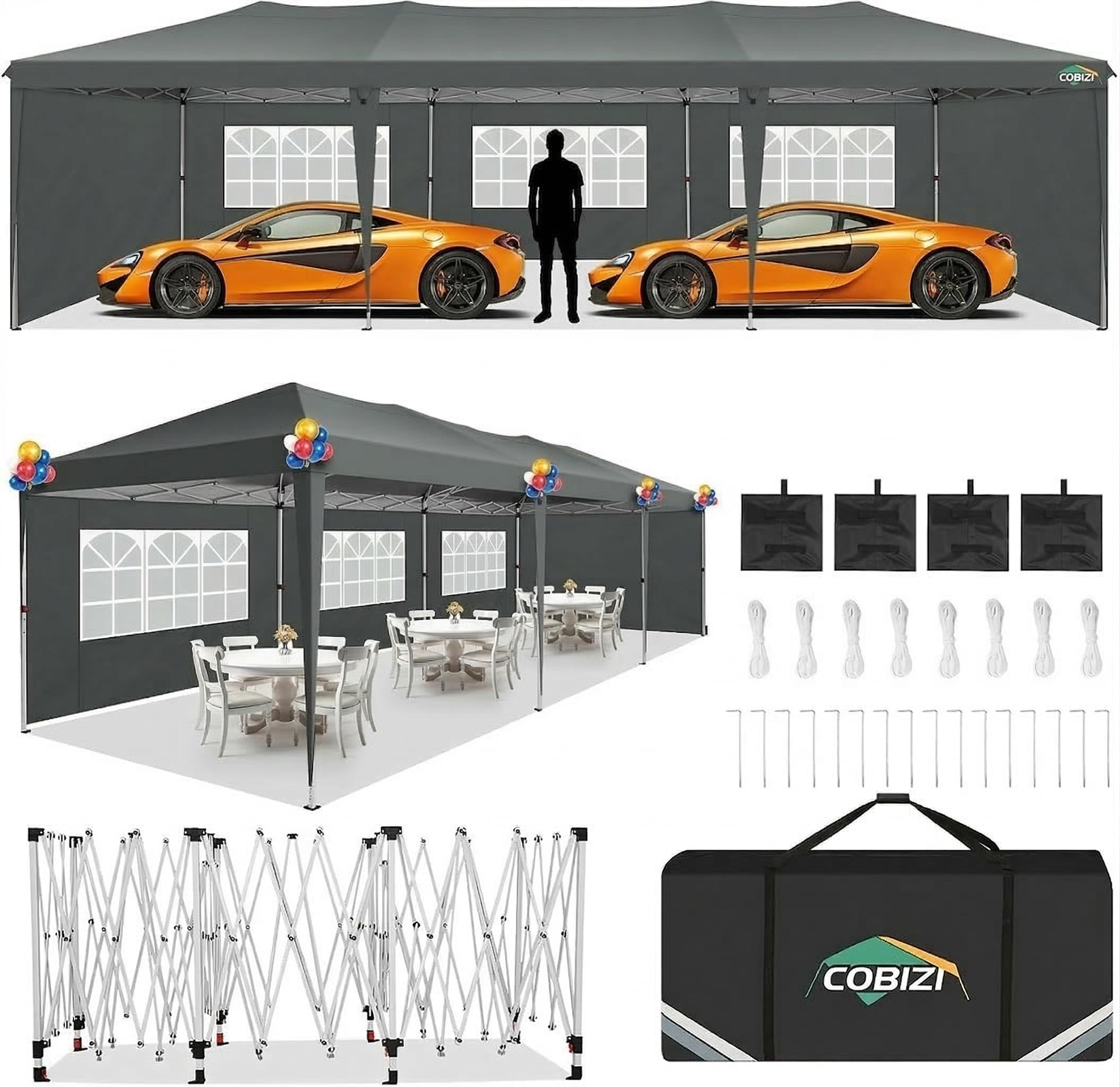 Photo 1 of COBIZI 10x30 Pop Up Canopy Tent with 5 Sidewalls Party Tents for Parties Weddings Backyard Waterproof Commercial Instant Outdoor Events Tent with Stakes, Ropes,Sandbags?10 x 30 ft Gray