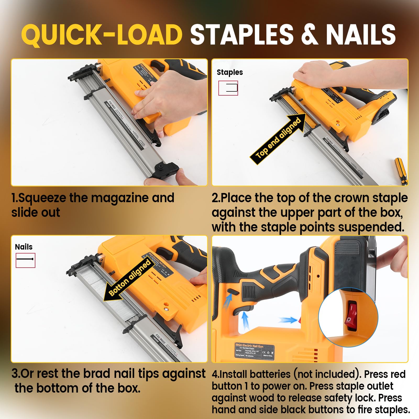 Clavadora inalámbrica para Dewalt 18 V 20 V, 2 en 1, grapadora eléctrica, pistola grapadora de uñas de 18 GA con 1000 clavos, 1000 grapas para proyectos de carpintería, tapicería, bricolaje (amarillo