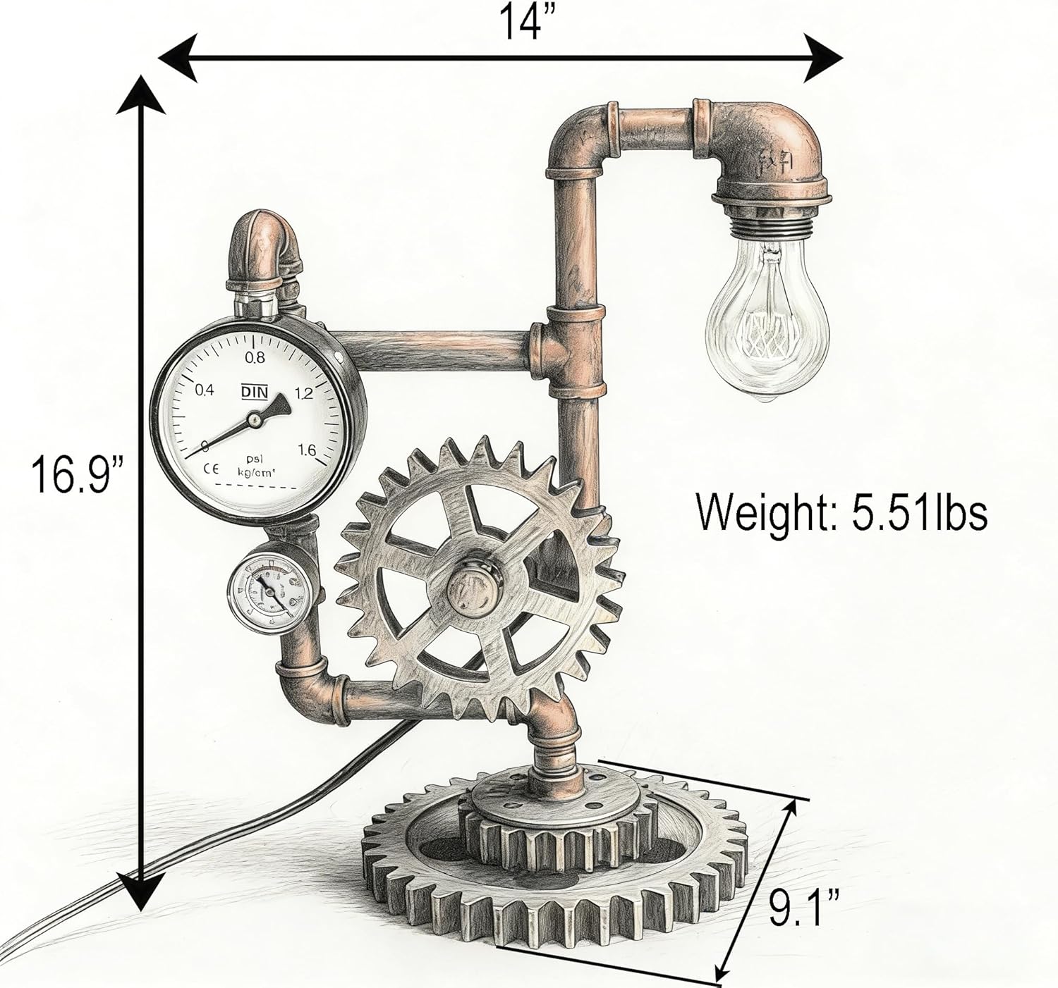 Ari Deco Industrial Steampunk Pipe Table Lamp (Dual Decorative Pressure Gauges) QTF-BT04