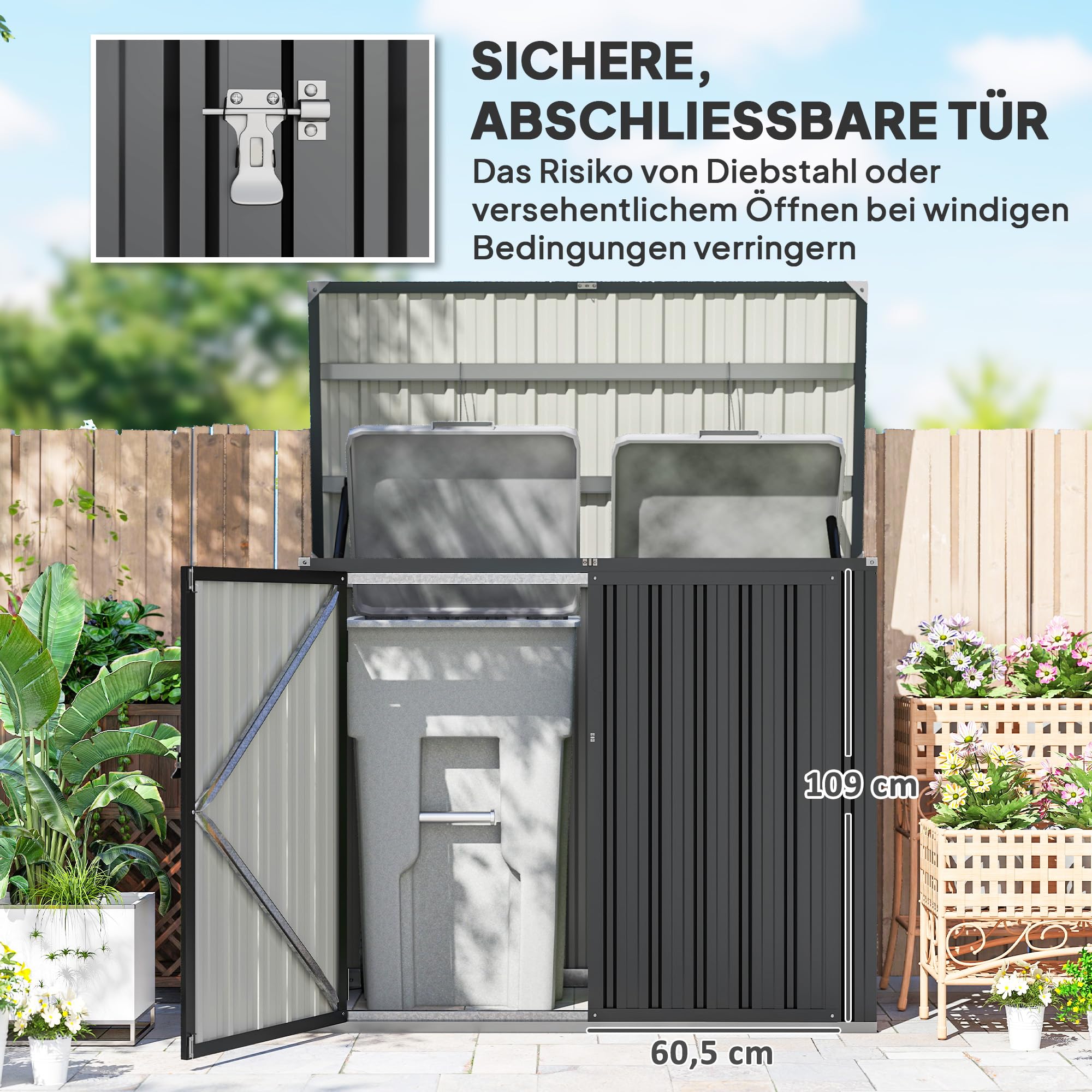 Outsunny Mülltonnenbox Abschließbar für 2 Tonnen mit aufklappbar Deckel
