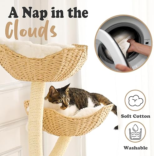 Miniatura 5 de FOSSION Árbol moderno para gatos, condominio de madera maciza para gatos con 3 cestas y poste rascador, árbol de madera para gatos grandes, lindo