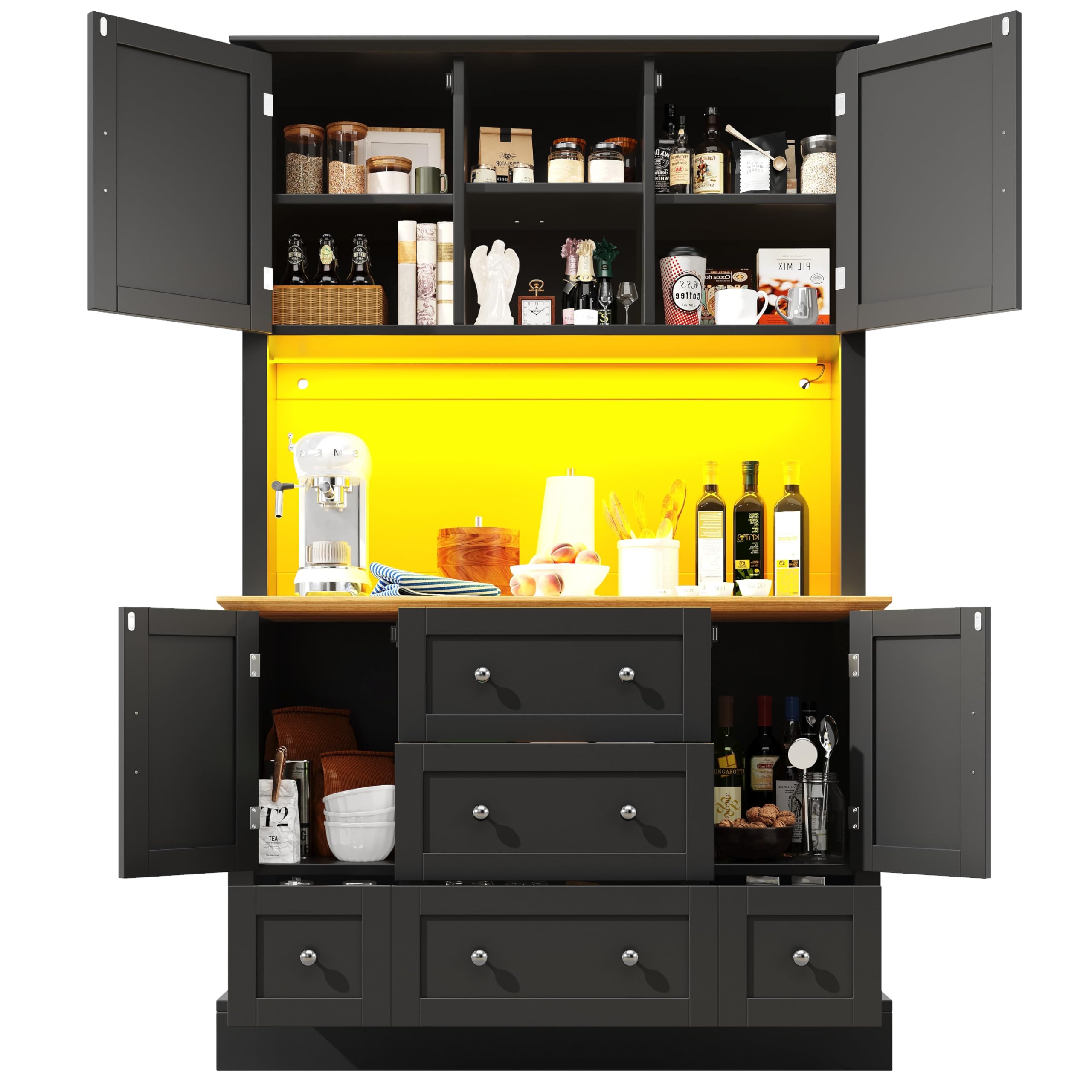 Hochwertiger Hochschrank mit App-Steuerung，115×40×180cm, Wohnzimmerschrank mit 4 Türen & 3 Schubladen, Küchenvitrine mit Musik-Lichtfunktion & Kippschutz, Schwar