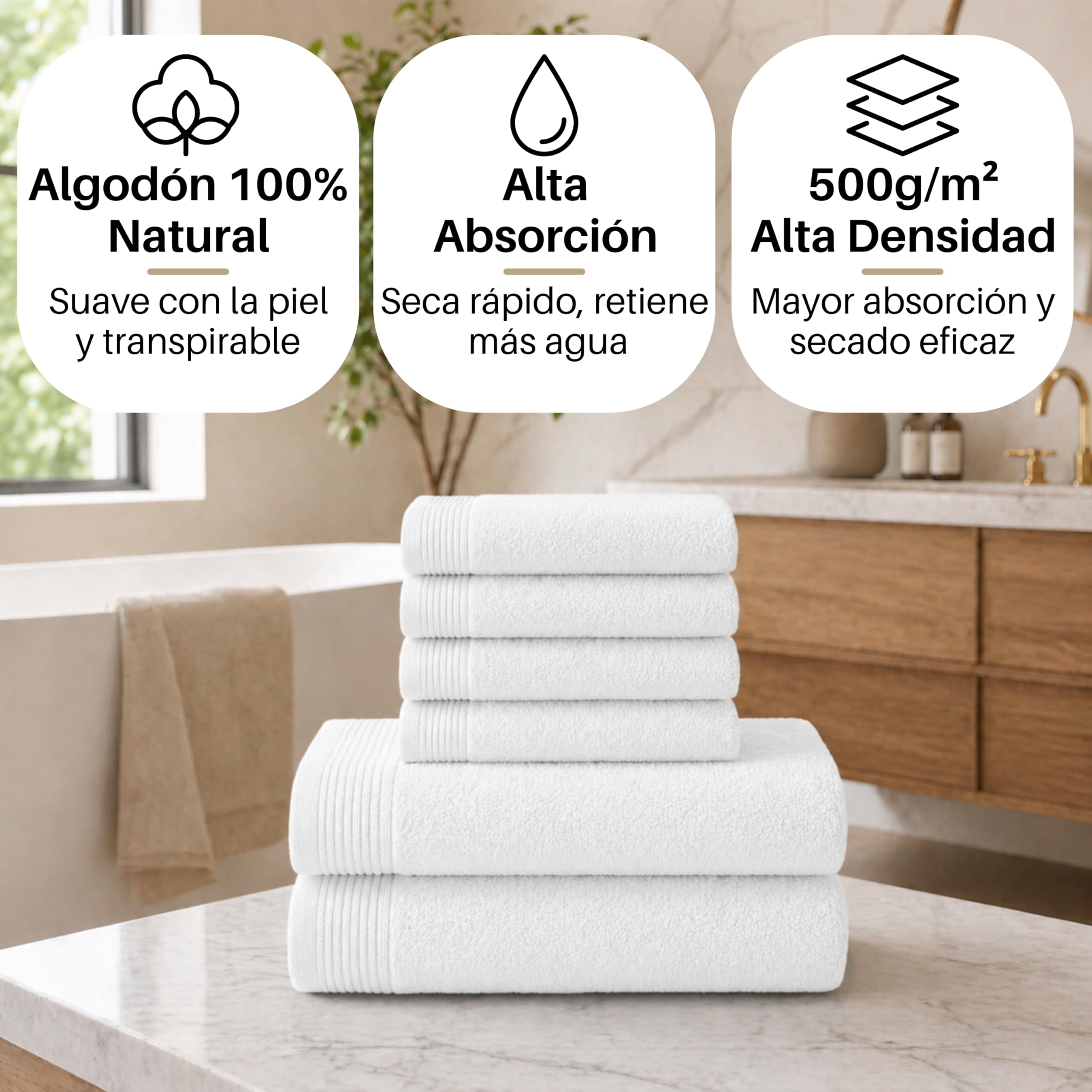 NOVOTEXTIL Juego Toallas Ducha 6 Piezas – 2 Ducha 70x140 + 4 Cara 30x50 – 100% Algodón 500 g/m² – Suaves y Alta Absorción (Blanco)