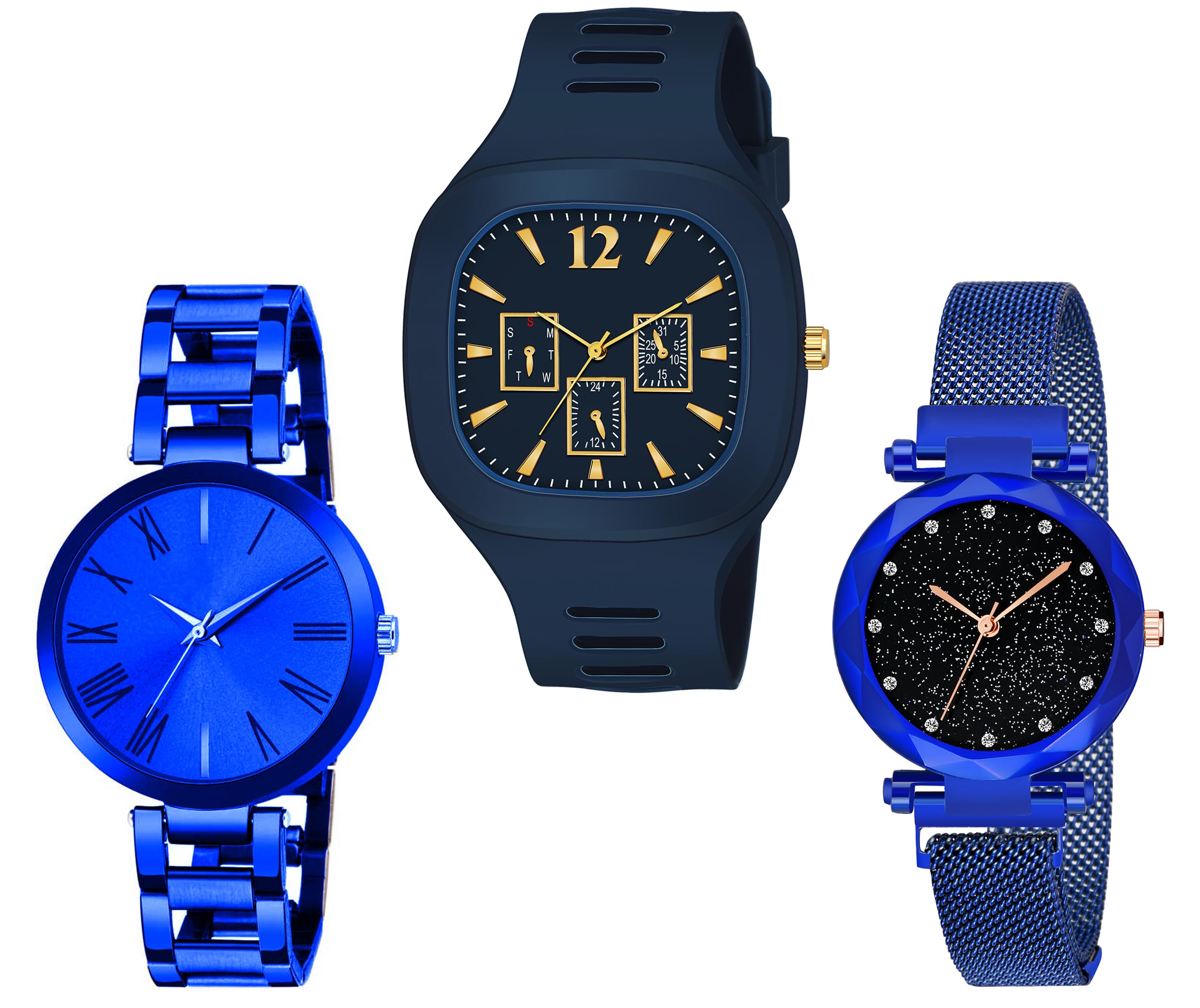 The Shopoholic Blue Analog Square and Round Dial Silicon Steel and Magnet Belt Watch Combo for Mens Womens Watches for Boys and Girls Pack of 3 (B0CK5TB2FX) Amazon Price History, Amazon Price Tracker