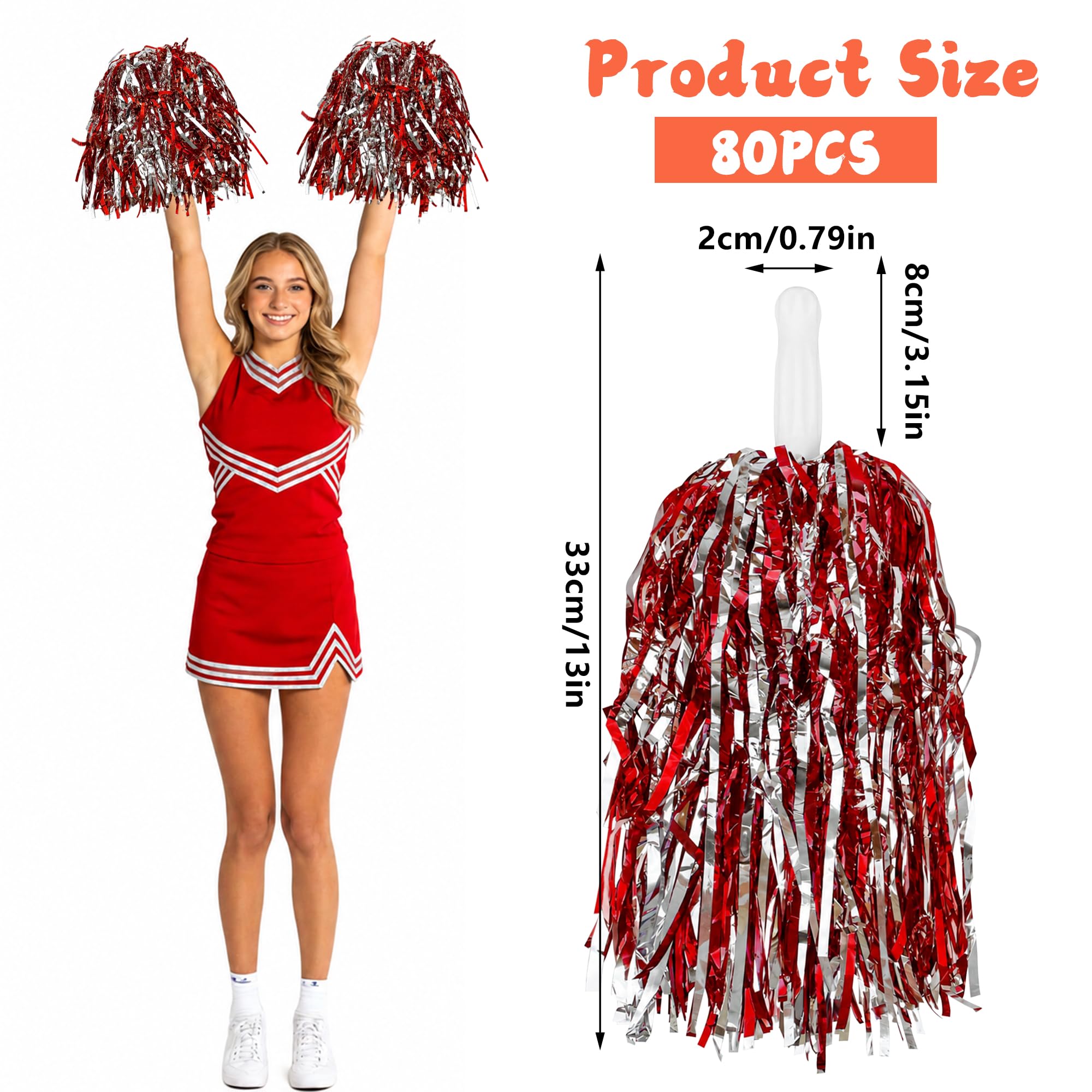 Lot de 80 pompons de pom-pom girl en plastique métallique pour football, basket-ball, sport, équipes, danse, fête, spectacle, célébration (rouge argent)