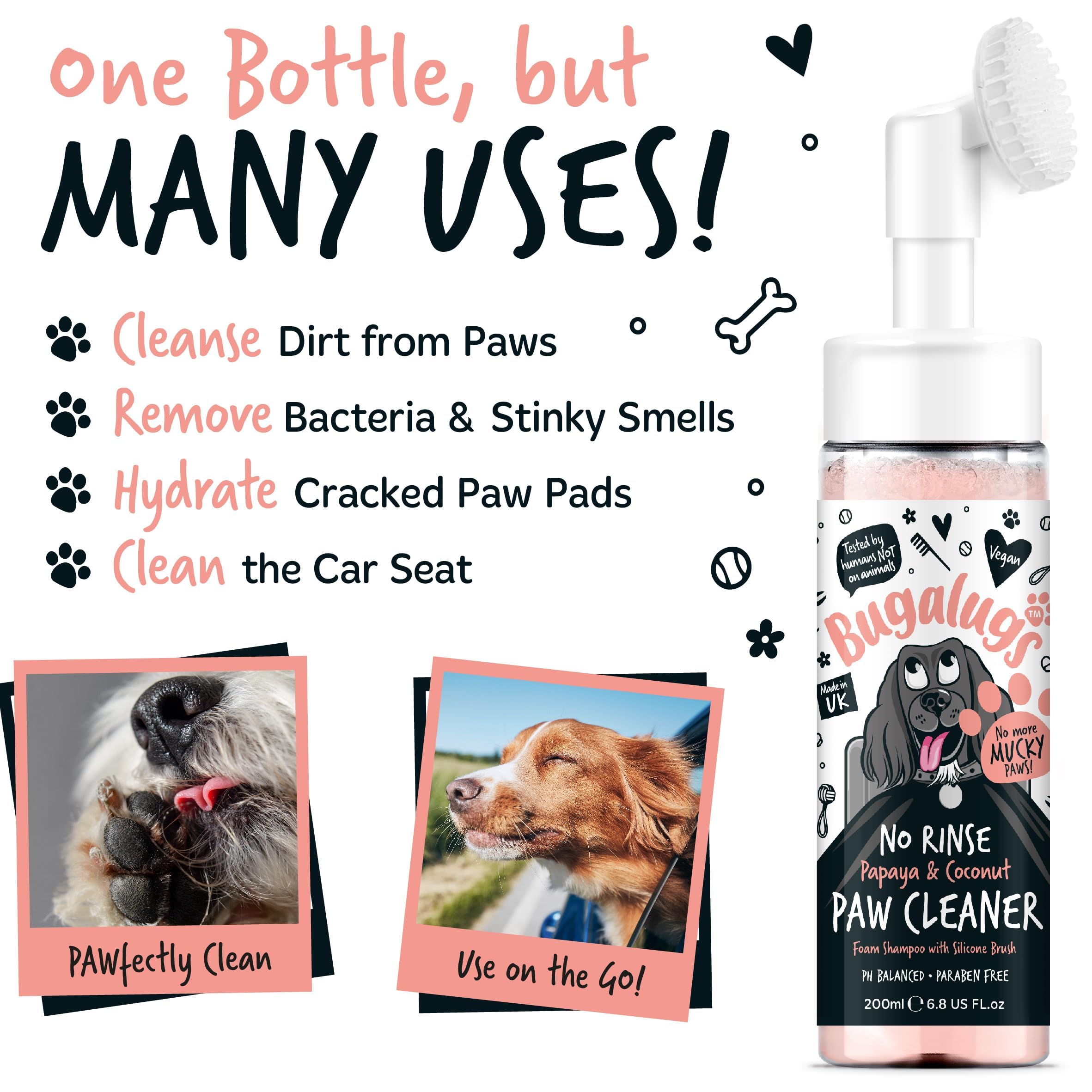 Bugalugs Dog Paw Cleaner No Rinse Foam Cat & Dog shampoo with Silicone Brush Head - Image 2