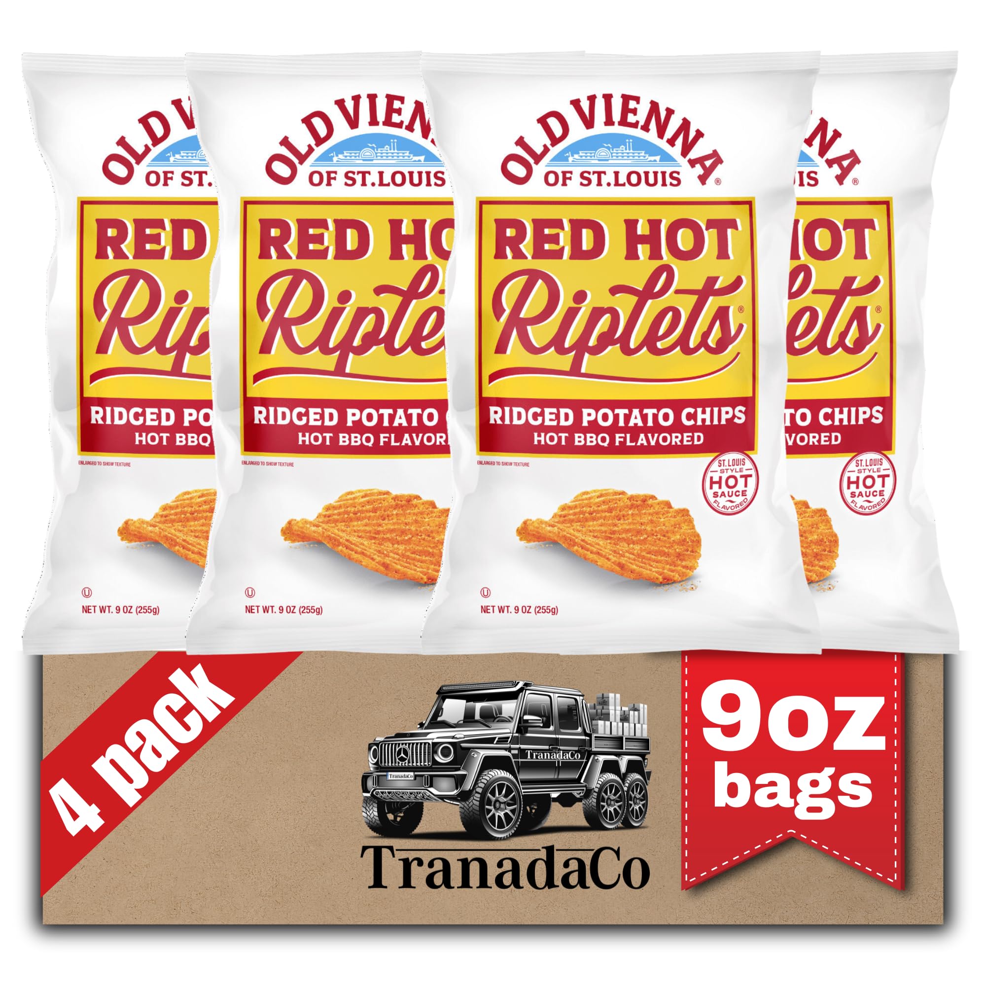 Old Vienna of St. Louis Red Hot Riplets Ridged Potato Chips 9oz Bags (4 Pack) by TranadaCo