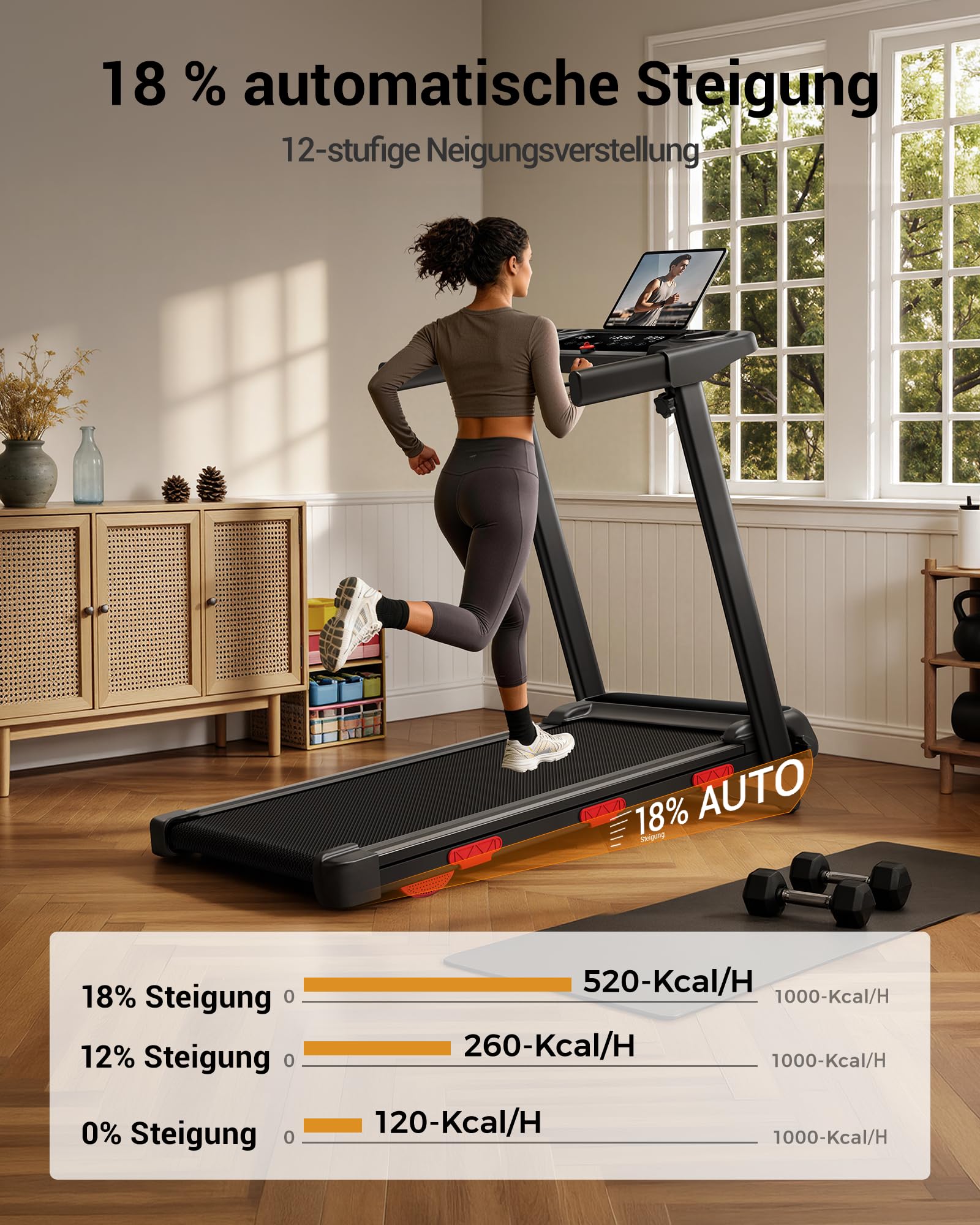 LONTEK Cinta de Correr con Inclinación 18% Auto | 12KM/H Cinta de Correr Plegable con Inclinación Pantalla LED, Cinta de Andar Plegable 12 programas, 3.0HP Motor, 136KG MAX