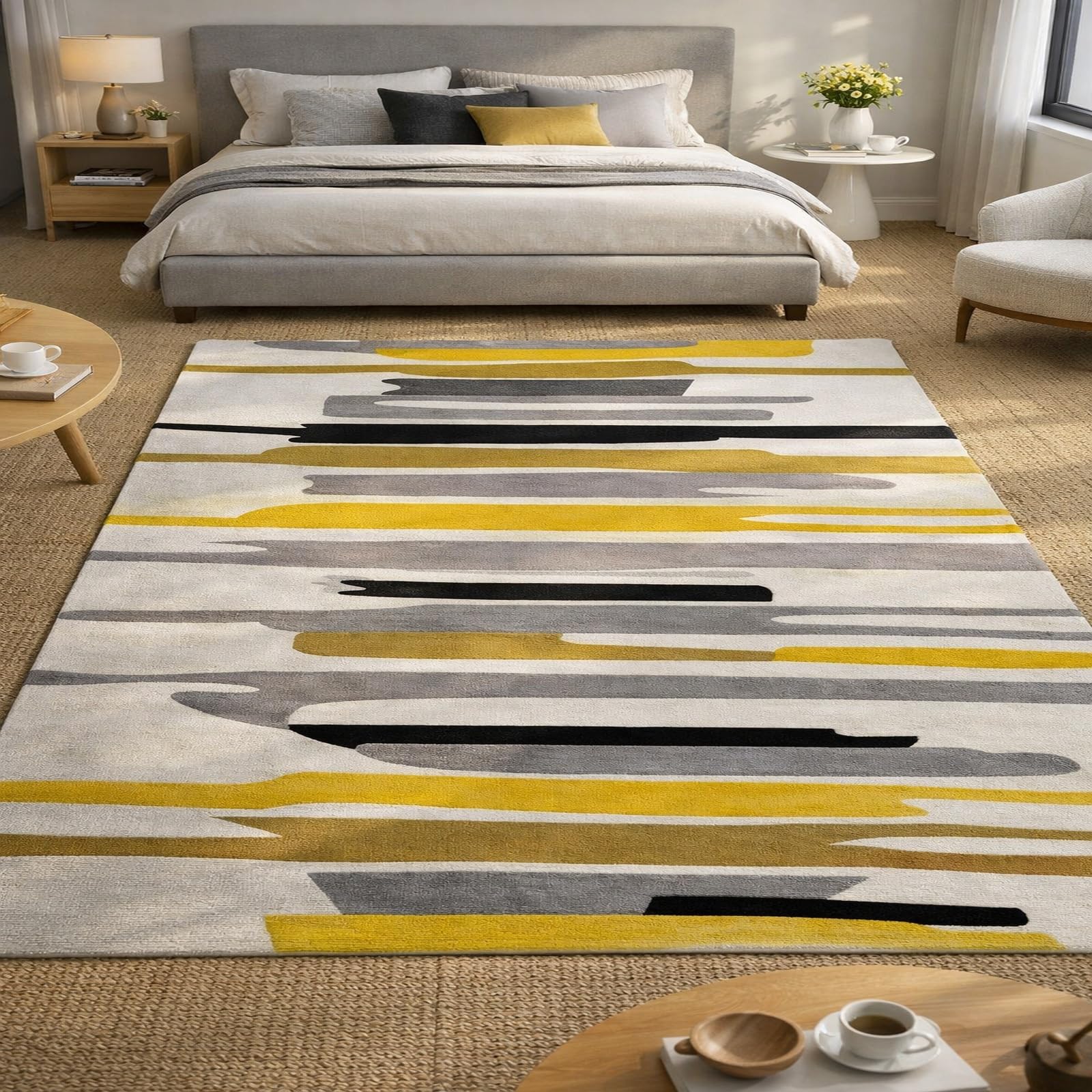 Tapis grand salon moderne jaune et gris 200x250 cm isolation acoustique