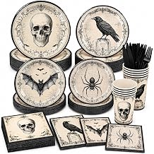 Halloween Party Supplies, Vintage Gothic Halloween Plates and Napkins with Cups, Knives and Forks, Skull Raven Bat Spider Halloween Party Plates for Halloween Birthday Party Decorations, Serves 24