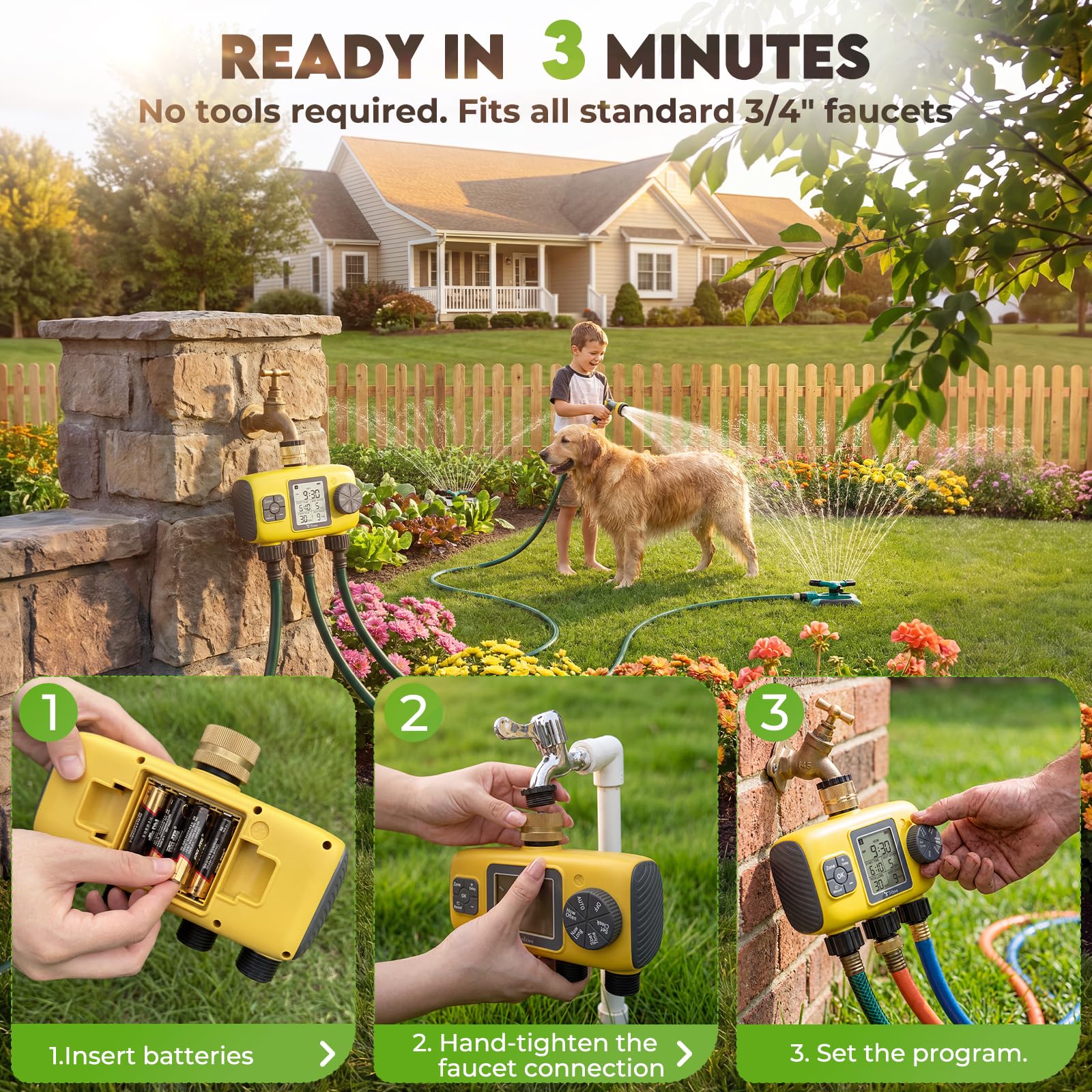 Computer per Irrigazione a 3 Uscite con Display LCD | Timer Programmabile con Controllo Indipendente, Ritardo Pioggia, Impermeabilità IP65 per Giardino, Terrazzo e Prato