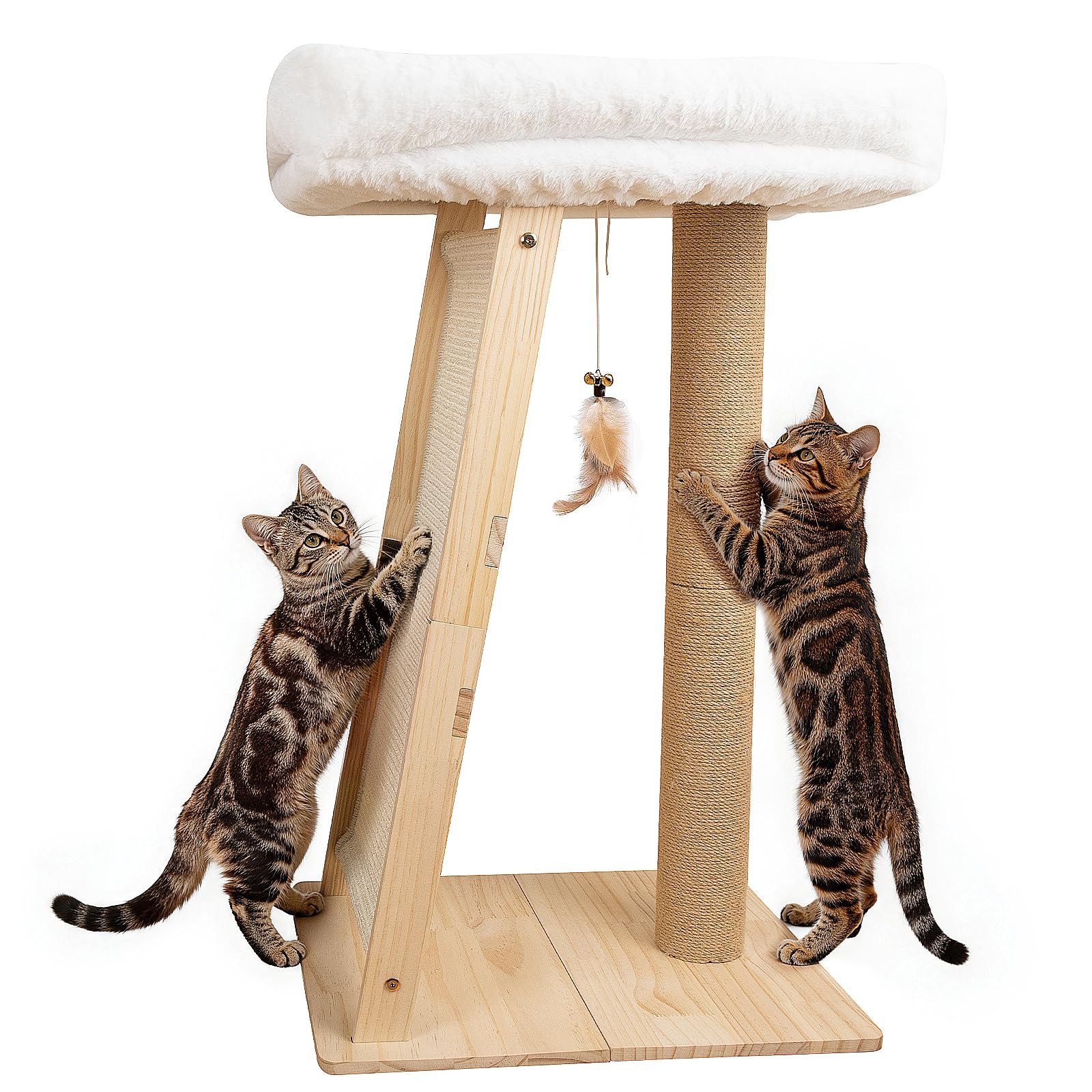 Tiragraffi per gatti 3 in 1 da 80 cm con amaca e tiragraffi, base in pino e palo alto in sisal, cuscinetto per amaca in pelliccia di coniglio, giocattolo da appendere, grande bianco