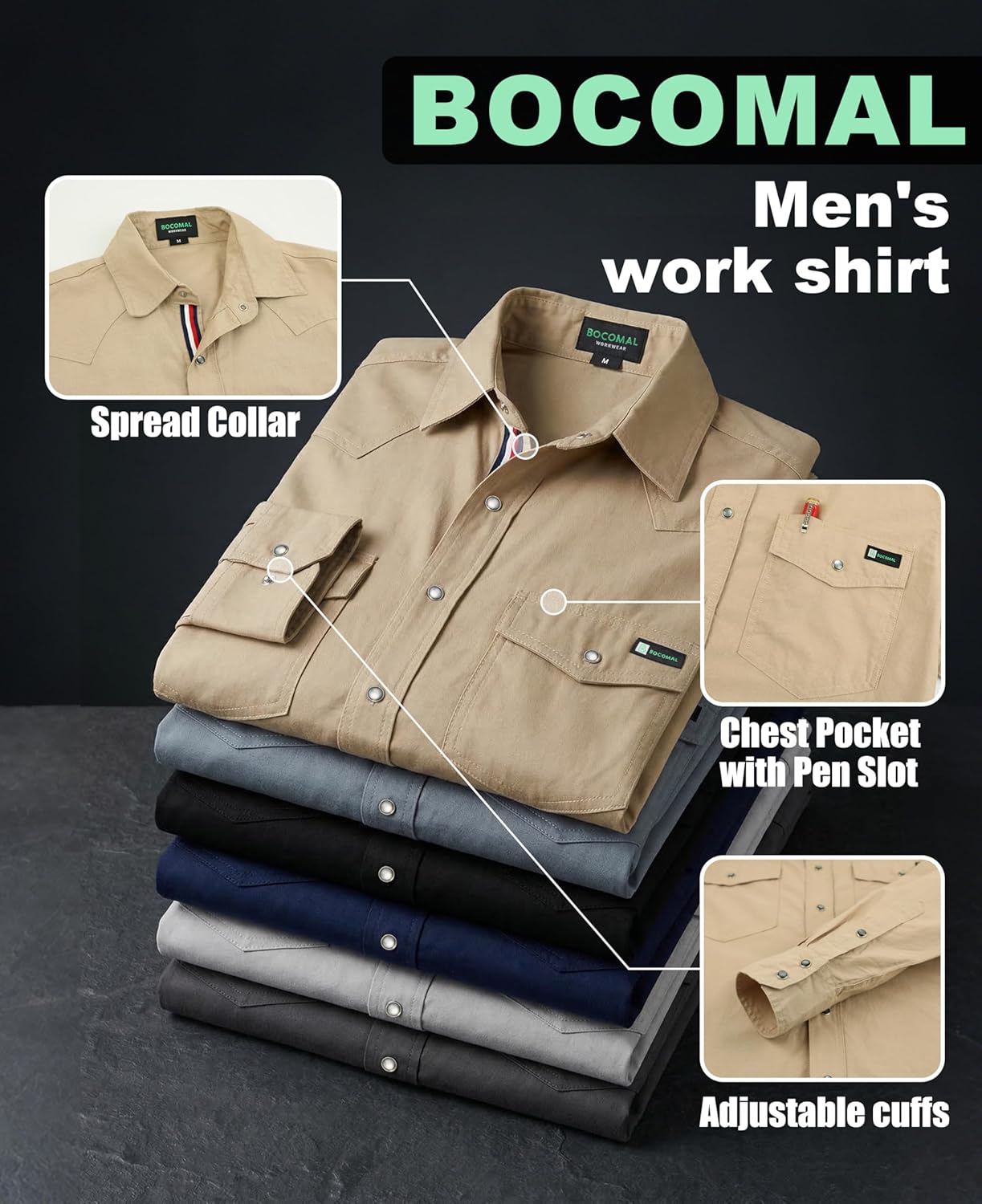 BOCOMAL Non FR - Men's Work Shirts Pearl Snap Down Long Sleeve Relaxed Fit - Lightweight 100% C Chambray, EX-Soft