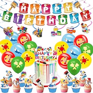 48 Pieces Art Birthday Party Supplies Paint Party Decorations Colorful Latex Balloons Birthday Banner Hanging Swirl Cake Cupcake Toppers for Art Painting Themed Birthday Party Baby Shower
