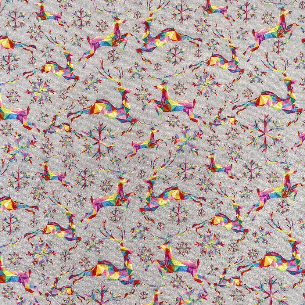 100% Cotton Christmas Fabric Material Sold by The Metre 139cm Wide (Rainbow Reindeer Silver - CC341) (ONE METRE)