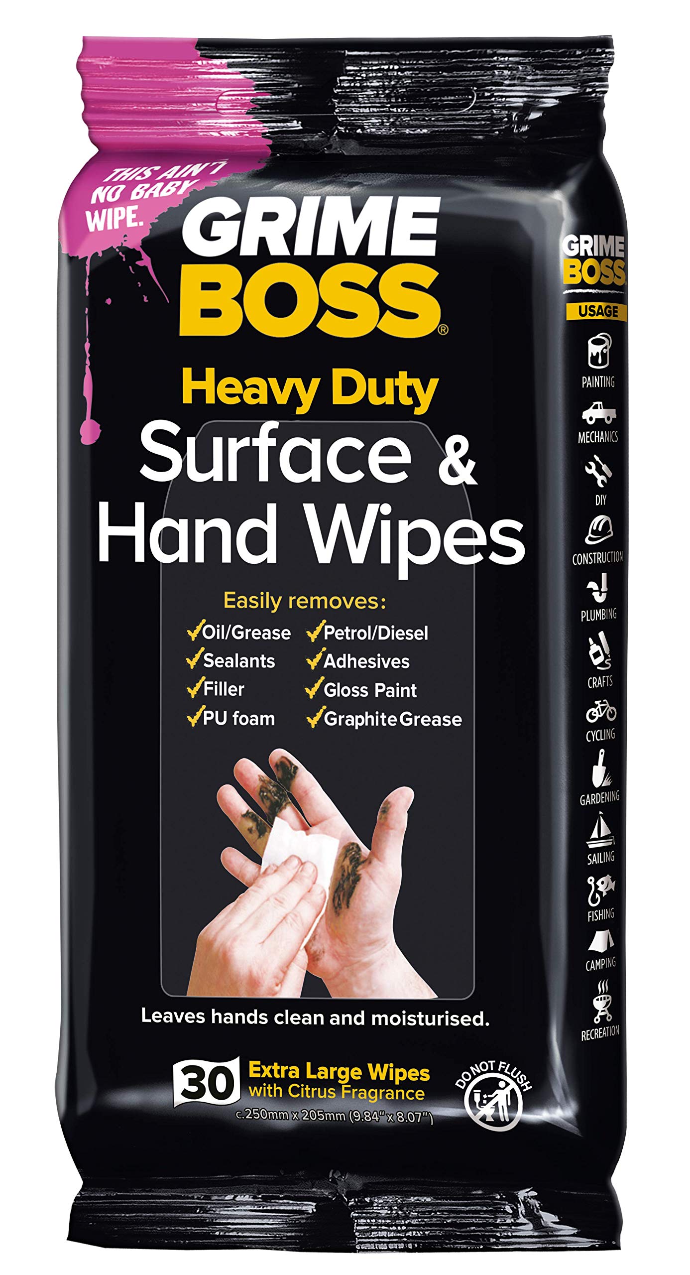 Grime Boss Heavy Duty Wipes Hands, Equipment, Garden, Auto, Camping, 30 Count