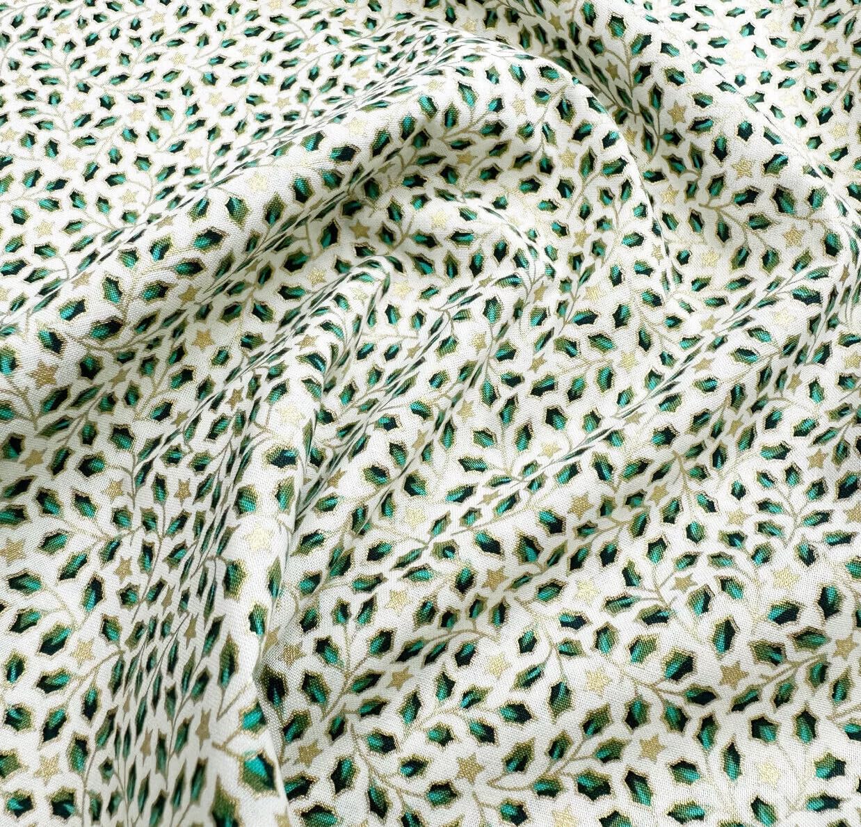 Glamour Secrets Ivory Christmas Fabric - Metallic Gold Holly Leaf & Star On - Cotton Craft Fabric Material