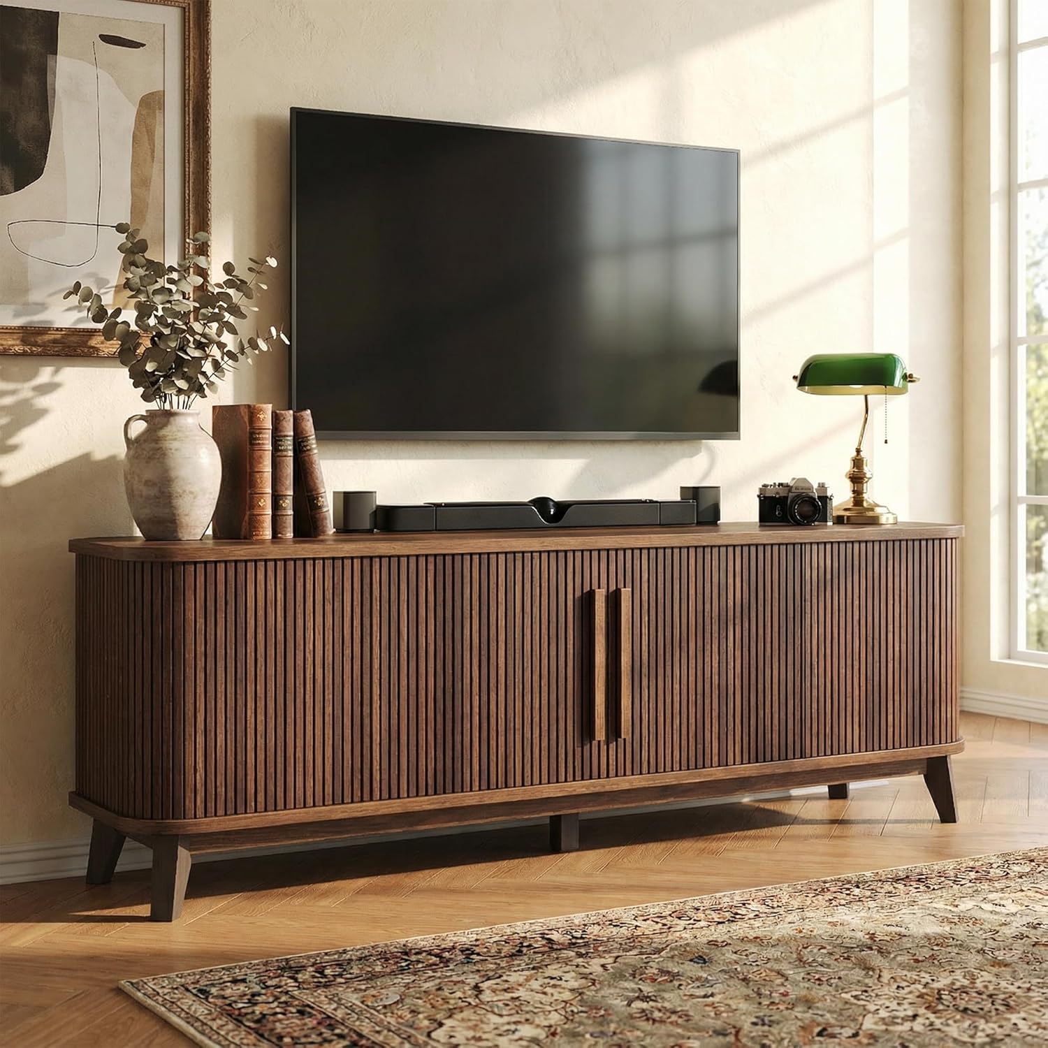 66" TV Stand for TVs up to 80 Inch, Modern Entertainment Center with Storage Cabinet & Adjustable Shelves, Mid-Century Wood Curved TV Media Console with Sliding Doors for Living Room, Walnut