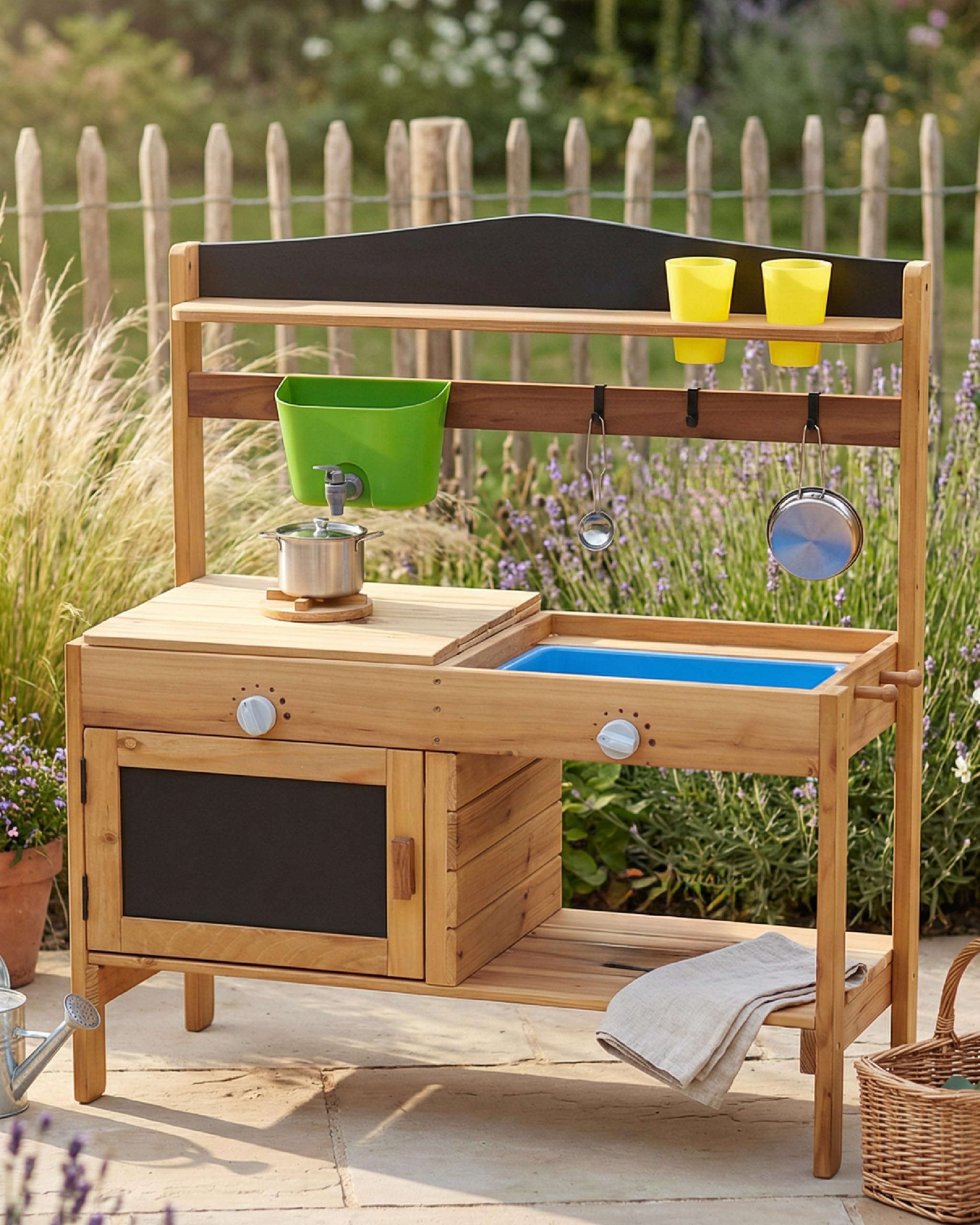 FRIEDO Matschküche Kinder Outdoor mit Schutzlasur I Inkl. Ofen und Zubehör wie 1,2 L Wasserspender, Töpfen etc. I Lasierte Gartenküche wettersicher I Sommer Kinderküche für den Garten I Mud Kitchen