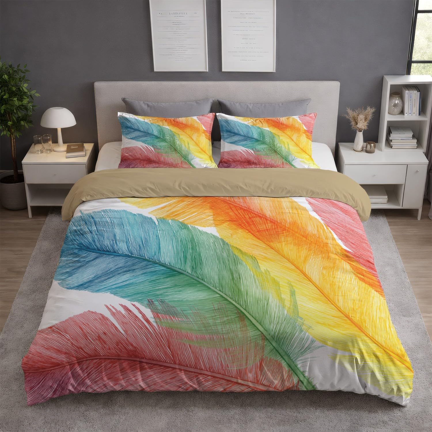 Generisch Atmungsaktiv Bettwäsche 180 x 200 - Weiß Mehrfarbig Bügelfrei Farbbeständig Bettwäsche Sets - Bettbezug(180 x 200)+ Kissenbezüge - Für Allergiker Geeignet Modern Bohemian Federn Linien