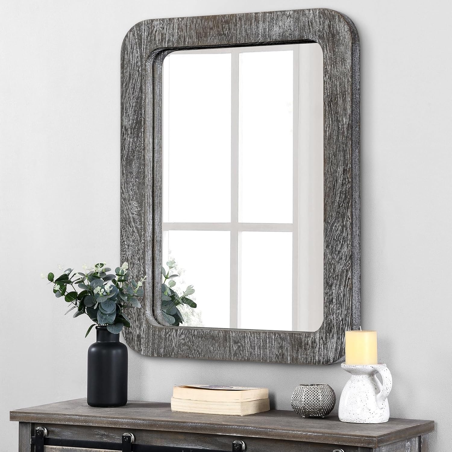 JJUUYOU Mirrors for Wall 20"x16" Rustic Wood Framed Mirror
