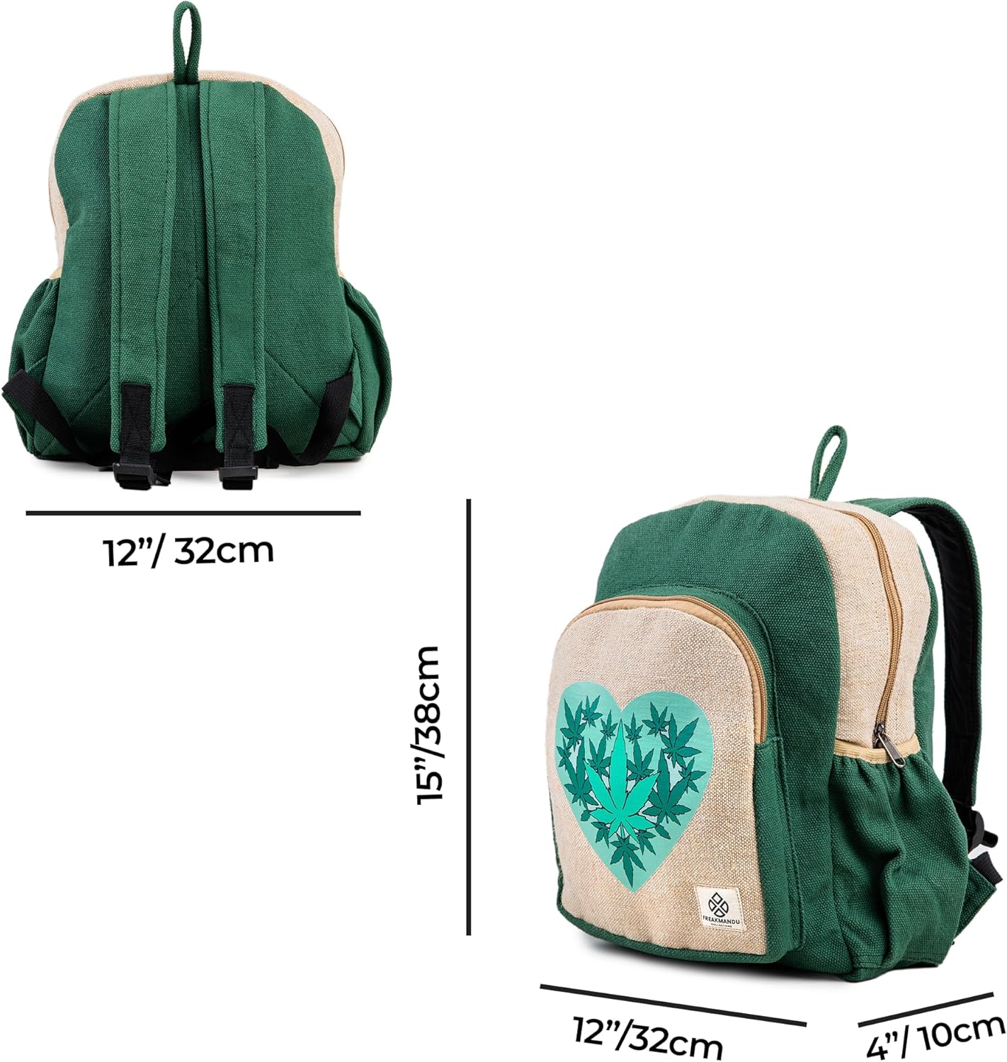 Ganja Heart Hemp Backpack Bag - Eco Friendly Hippie Yak Design Durable Functional Traveling Hiking Friendly Casual Daypack Bag by Freakmandu