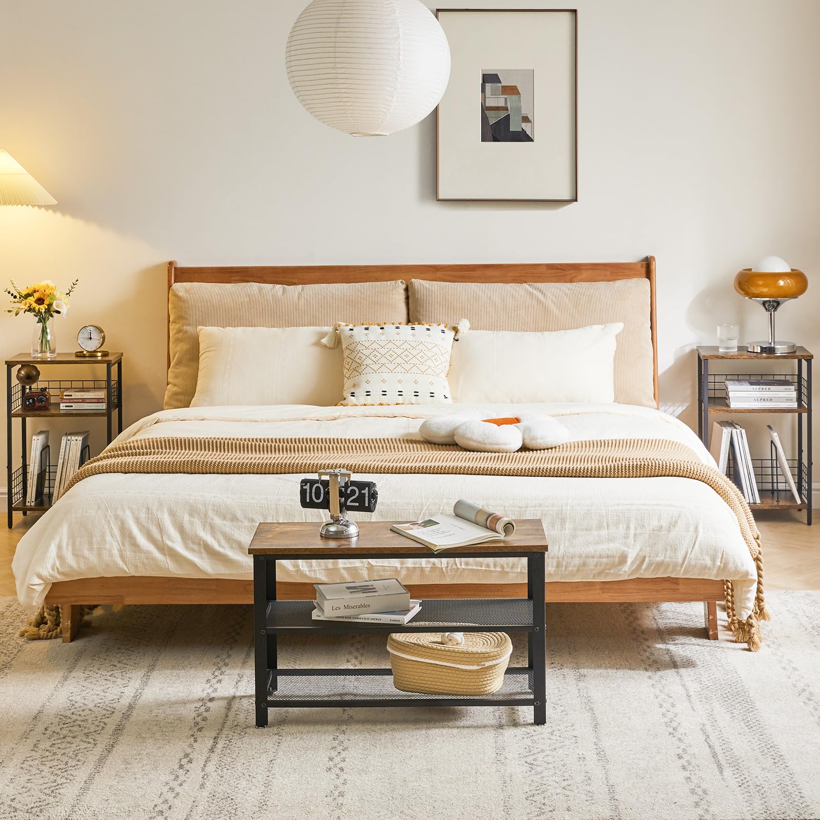YMYNY Beistelltisch, 3 Ebenen Standregal, Plattenständer mit klassifizierter Lagerung, Schutzeisennetz, für Plattenspieler, CDs, Magazin, Wohnzimmer, Schlafzimmer, Studio Rustikal Braun HST009H
