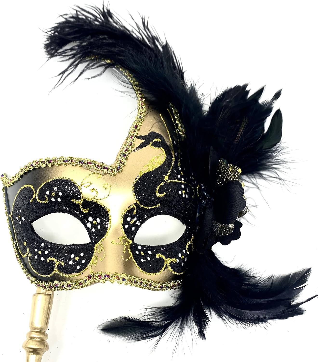 Masquerade Feather Mask with Holding Stick Venetian Women Mask For Halloween Costume Mardi Gras Party For Adult - Image 4