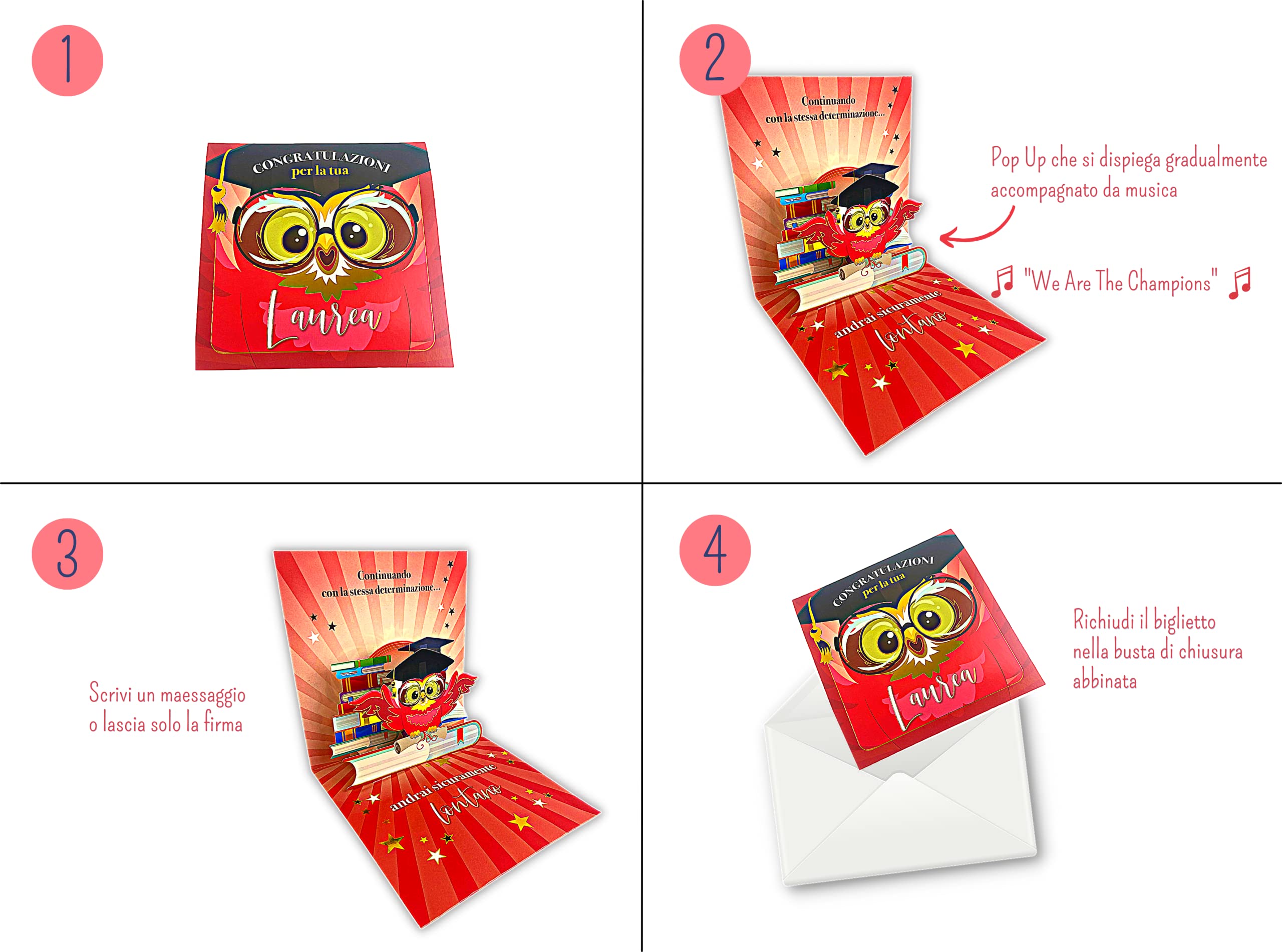 Biglietto Gadget Laurea Divertenti Pop Up con Gufo 15,3 x 15,3 cm Regalo Ingegnere Infermieristica Avvocato