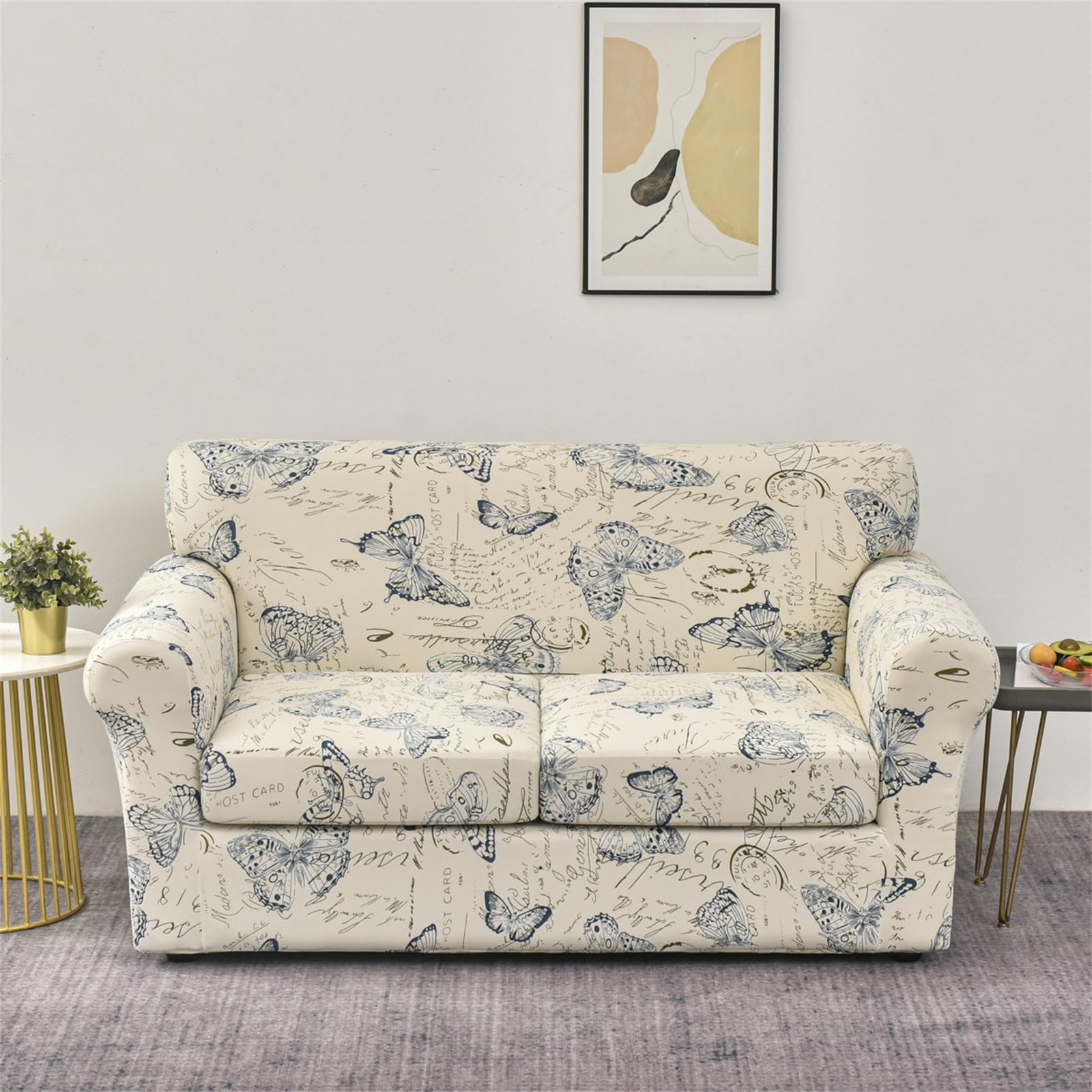 Mateju Sofa Cover 1/2/3 Seater with Separate Cushions, Floral Print Stretch Couch Covers Sofa Slipcover Universal Armchair Cover Replacement Furniture Protector (2 seater,Butterfly)