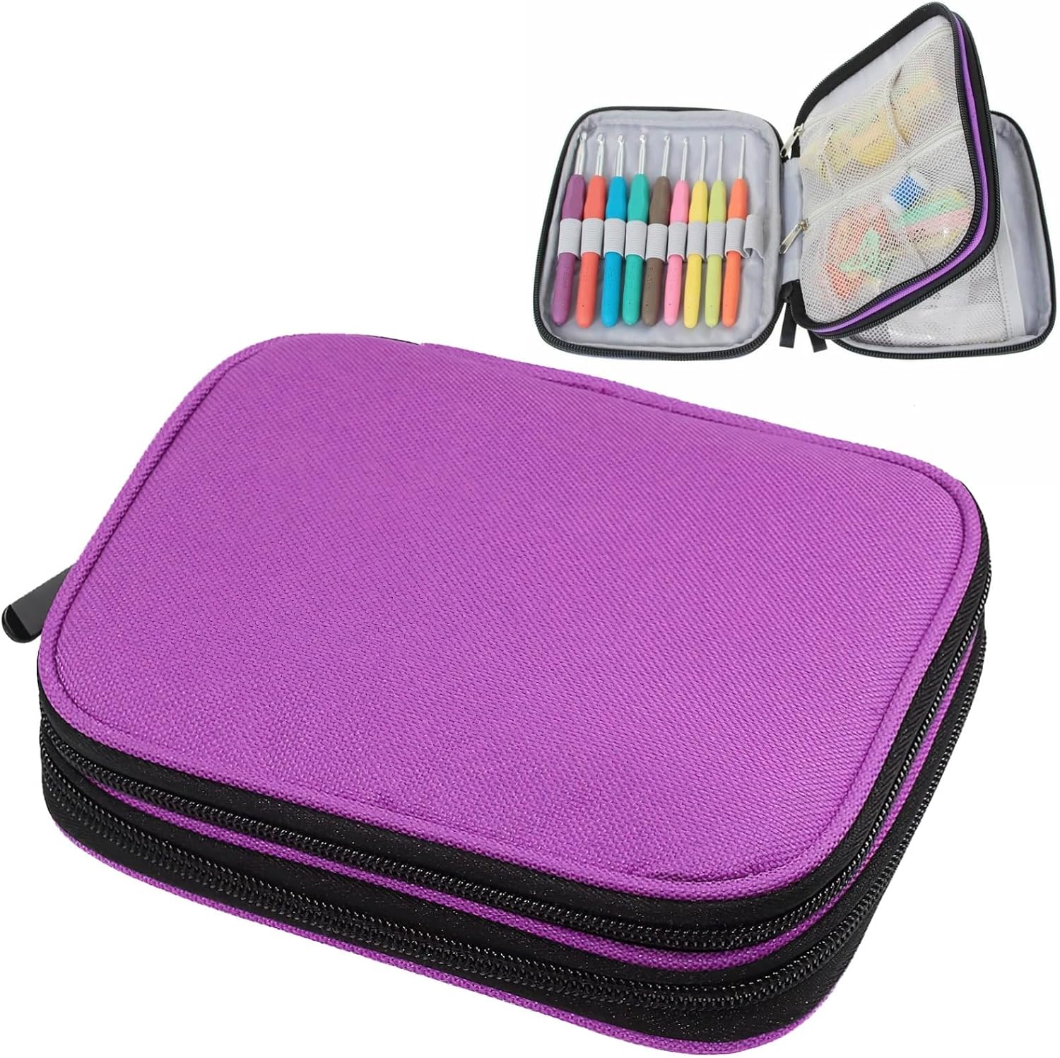 Crochet Hook Storage Organizer Case, 2-Layer Knitting Needle Holder, 7X5.7X1.2 with Mesh Pockets & Elastic Bands, Portable Large Capacity Bag for Crochet Tools