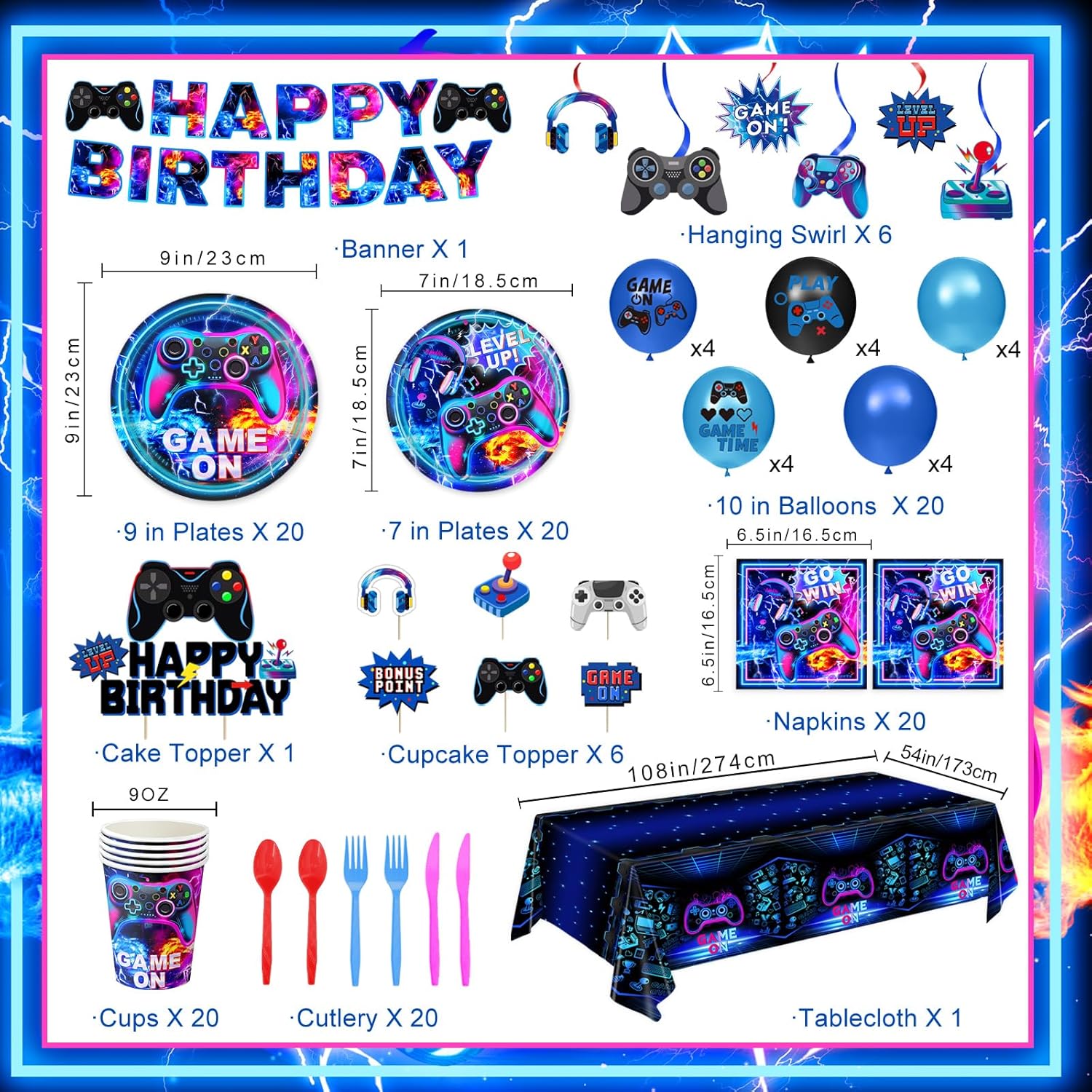 LINHAXM Video Game Birthday Decorations Includes Plates, Napkins, Cups, Cutlery, Cake & Cupcake Toppers, Banner, Hanging Swirls, Tablecloth, Balloons for Gamer Birthday Party Decorations, Serve 20