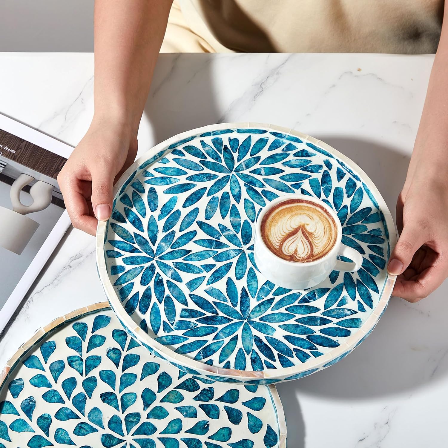 Chunful Mother of Pearl Round Serving Tray Wood Coffee Table Tray 10.4 Inch for Tea Breakfast Kitchen Cabinet(Leaf Style) - Image 4