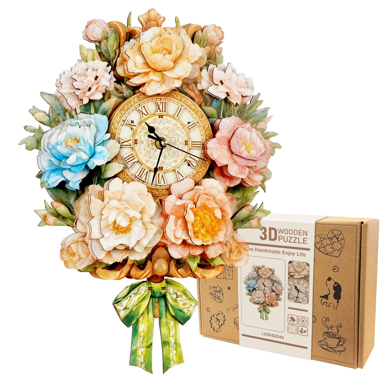 WOODBESTS 3D Puzzles for Adults - Colorful Bouquet, 3D Wooden Clock with Functional Timepiece, Mechanical Wood Model Building Kit for Women, DIY Wall Art Clock for Home Decor Gifts
