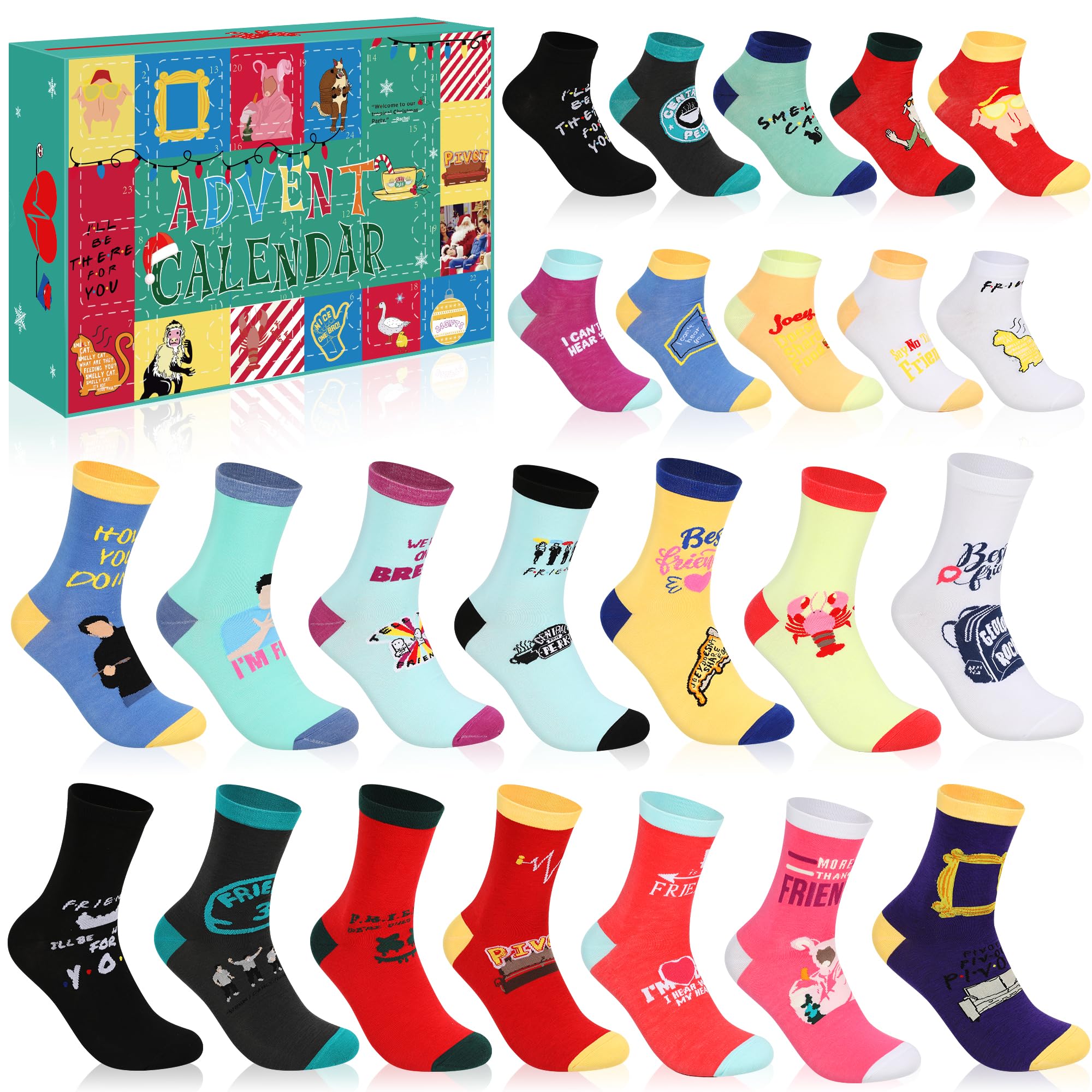 TV Show Christmas Advent Calendar 2024, 24 of Day Countdown Calendar Includes 24 Pairs of Friends Themed Socks for Women Men Fans Xmas Holiday Party Surprise