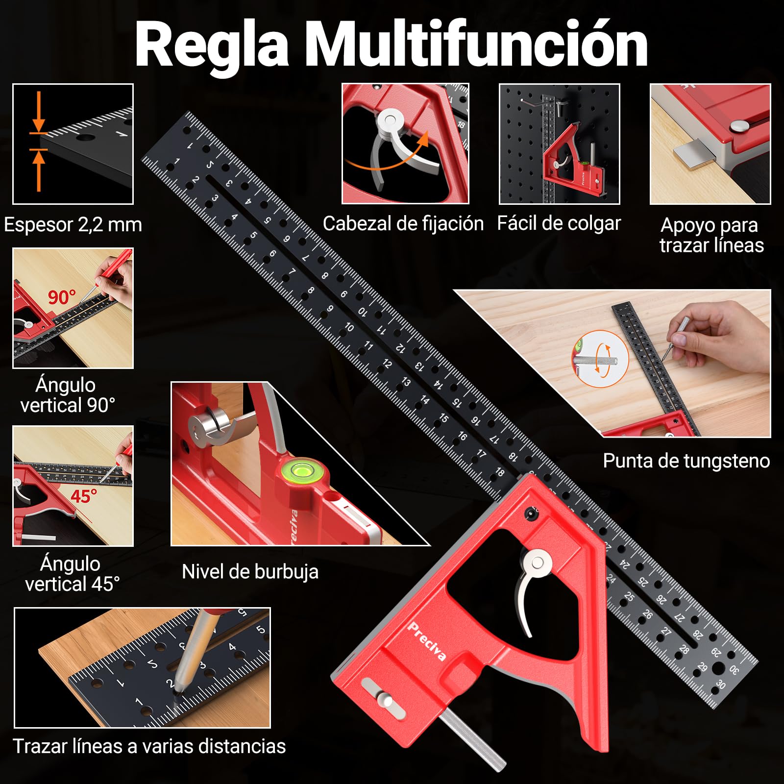 Kit de Carpintería, Escuadra Carpintero Multifuncional, Lápices de Carpintero con Sacapuntas y Estuche, Regla Metálica con Nivel Burbuja para Carpintero, Construcción, Dibujo