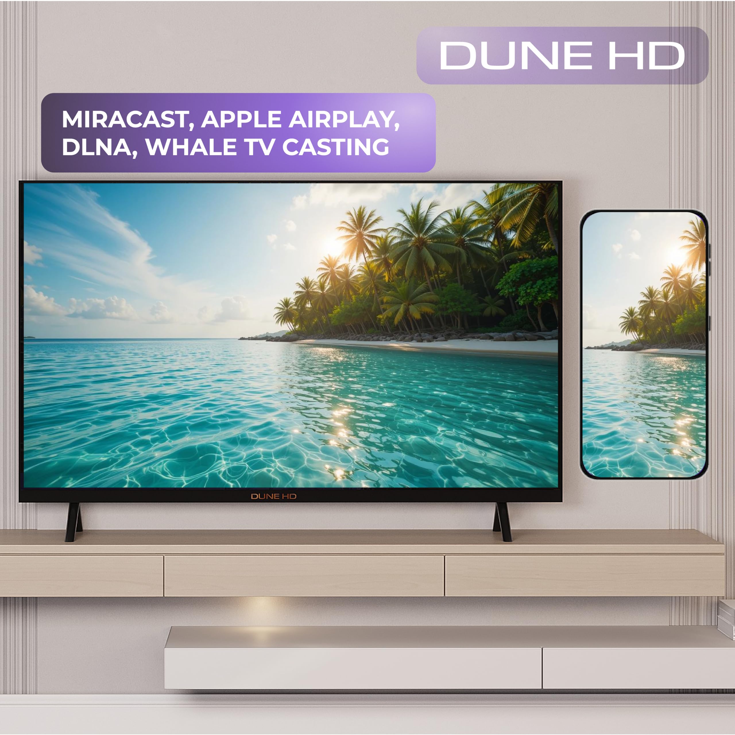 Dune HD Smart TV 55" (2026), QLED 4K UHD Quantum Dots, HDR10 HLG, Whale OS Android, 2+16, Trois Tuners DVB-T/T2/S/S2/C + TV analogique, Contrôle Vocal, AirPlay, Miracast (55, Pouces)