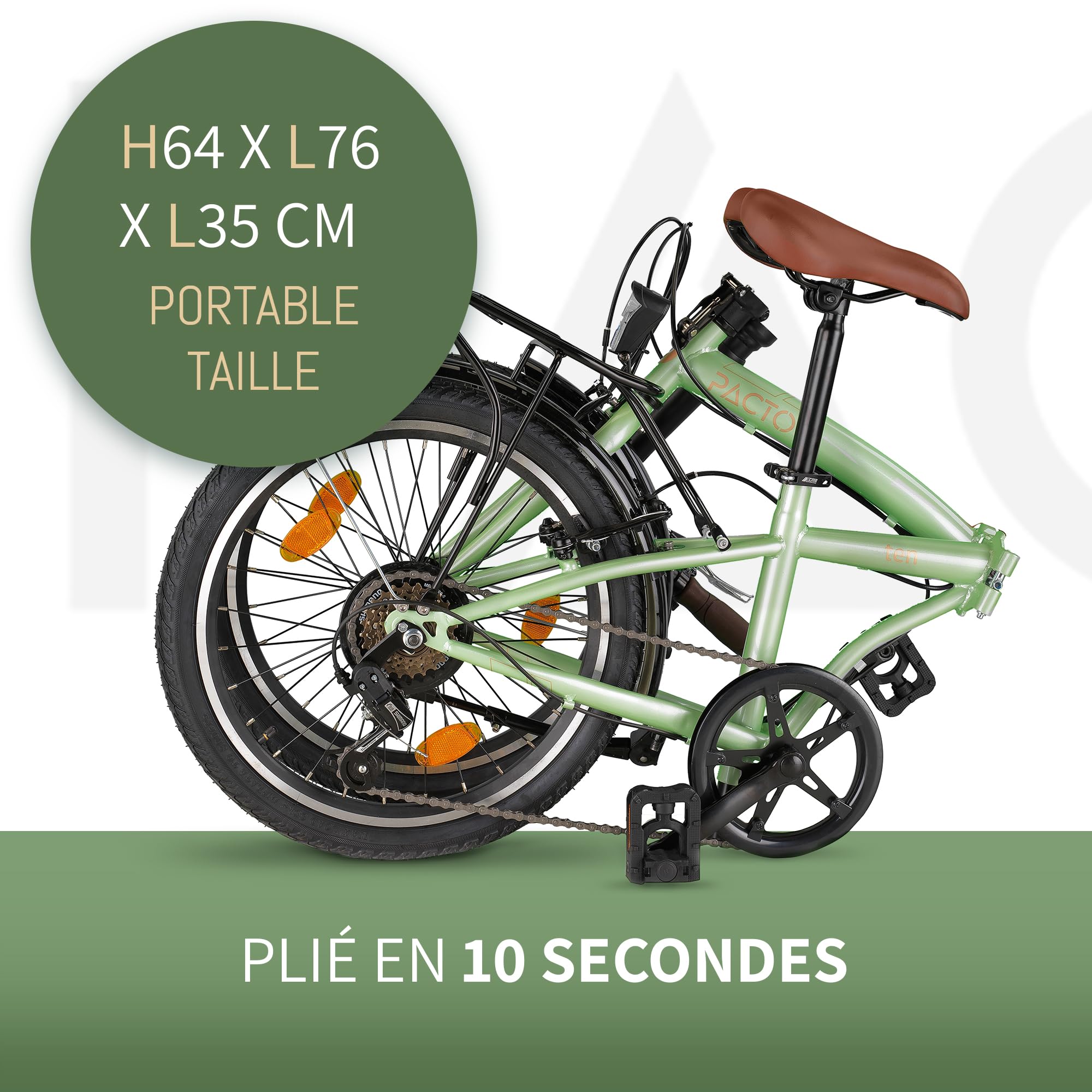 PACTO Vélo pliant Ten 20" avec système de pliage rapide (10 secondes), cadre en acier, poids léger (16 kg), Shimano 6 vitesses, freins en V et jantes en aluminium à double paroi