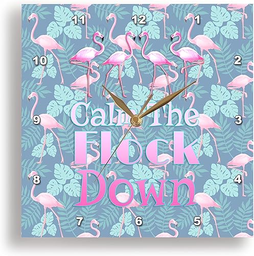 3dRose Wall Clock Silent - 13 inch - Retro Flamingo Beach Design Calm The Flock Down Summer Pun. - Creative Studios Flamingos